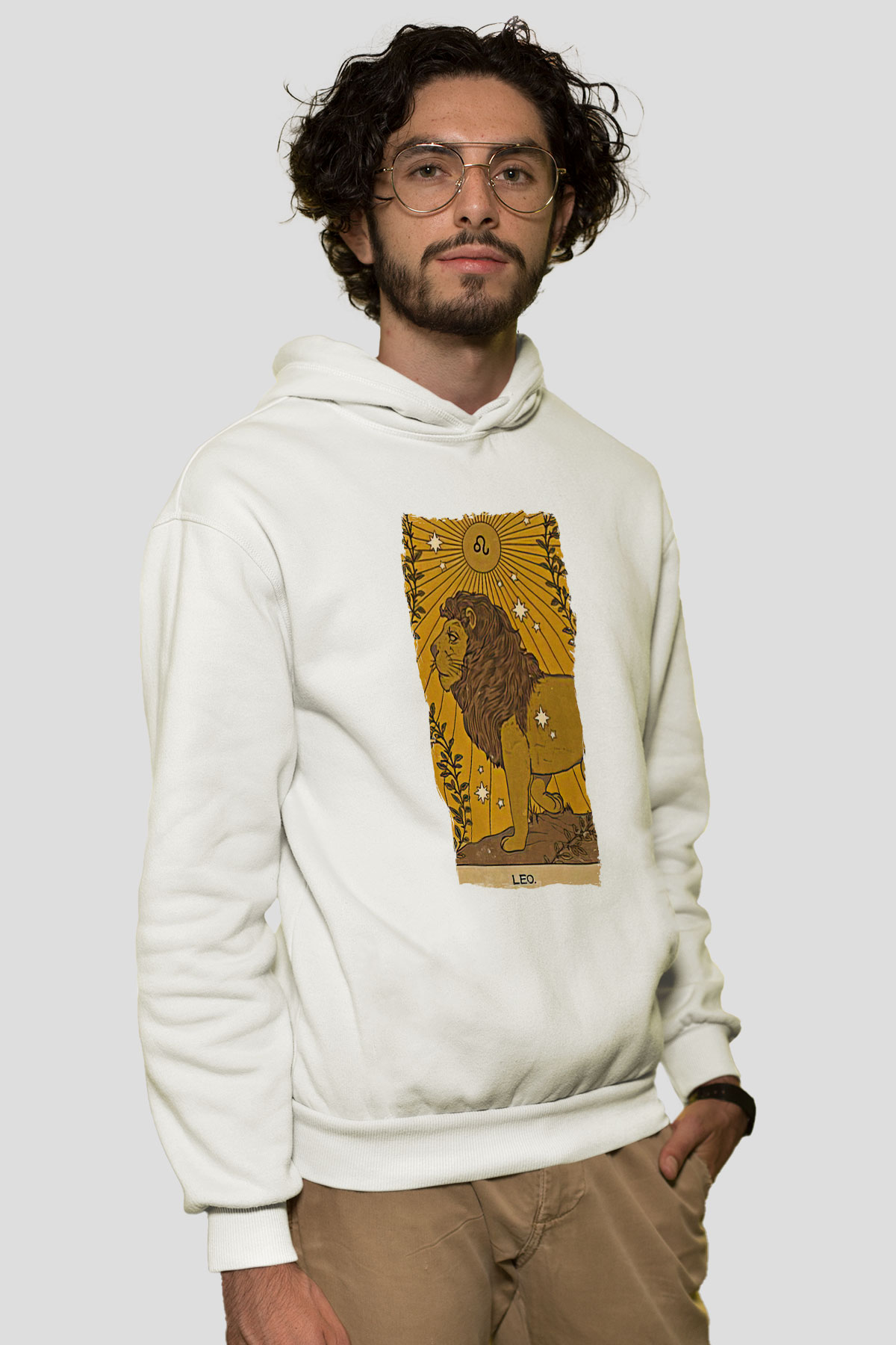 Aslan Burcu Baskılı Beyaz Unisex Hoodie
