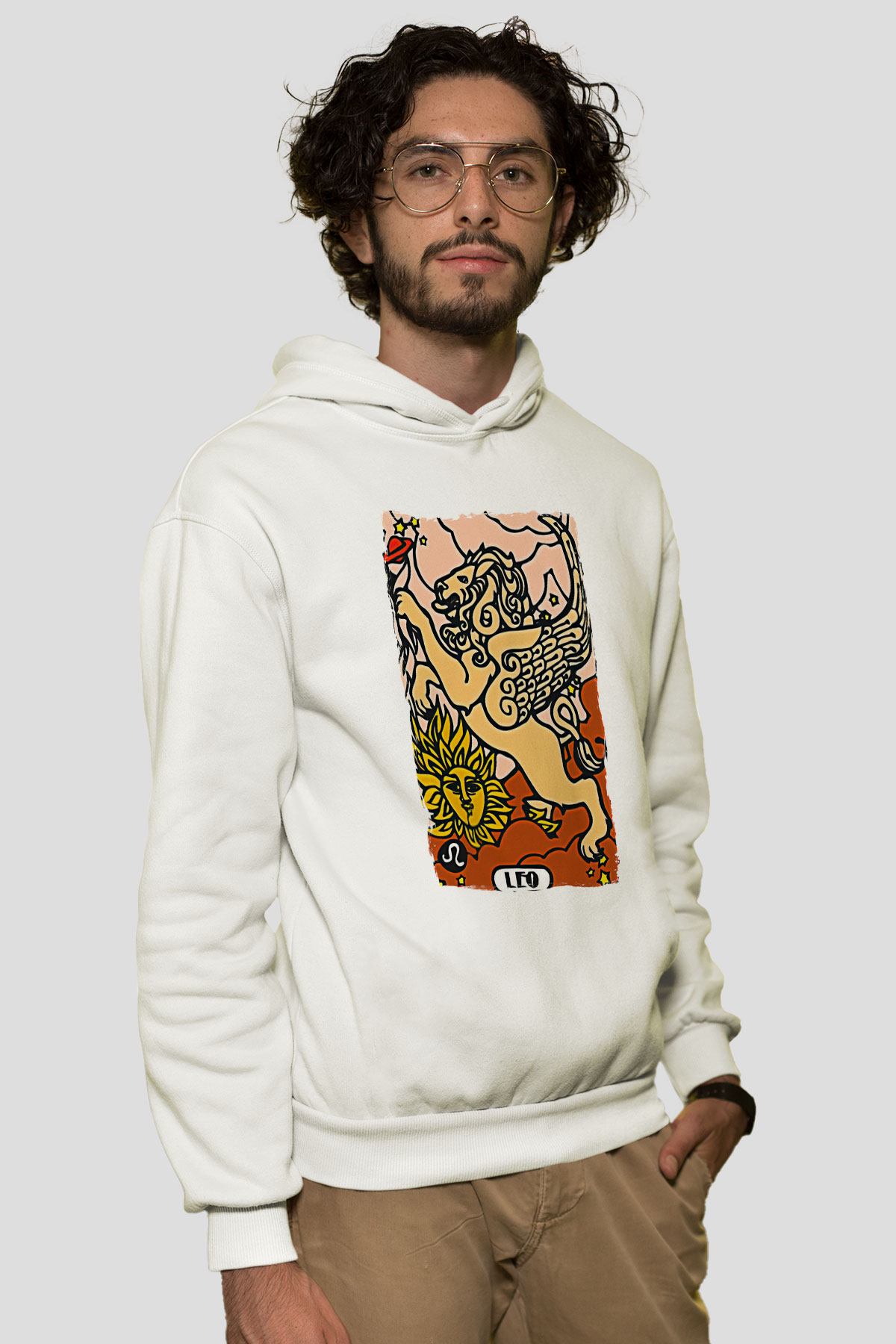 Aslan Burcu Baskılı Beyaz Unisex Hoodie