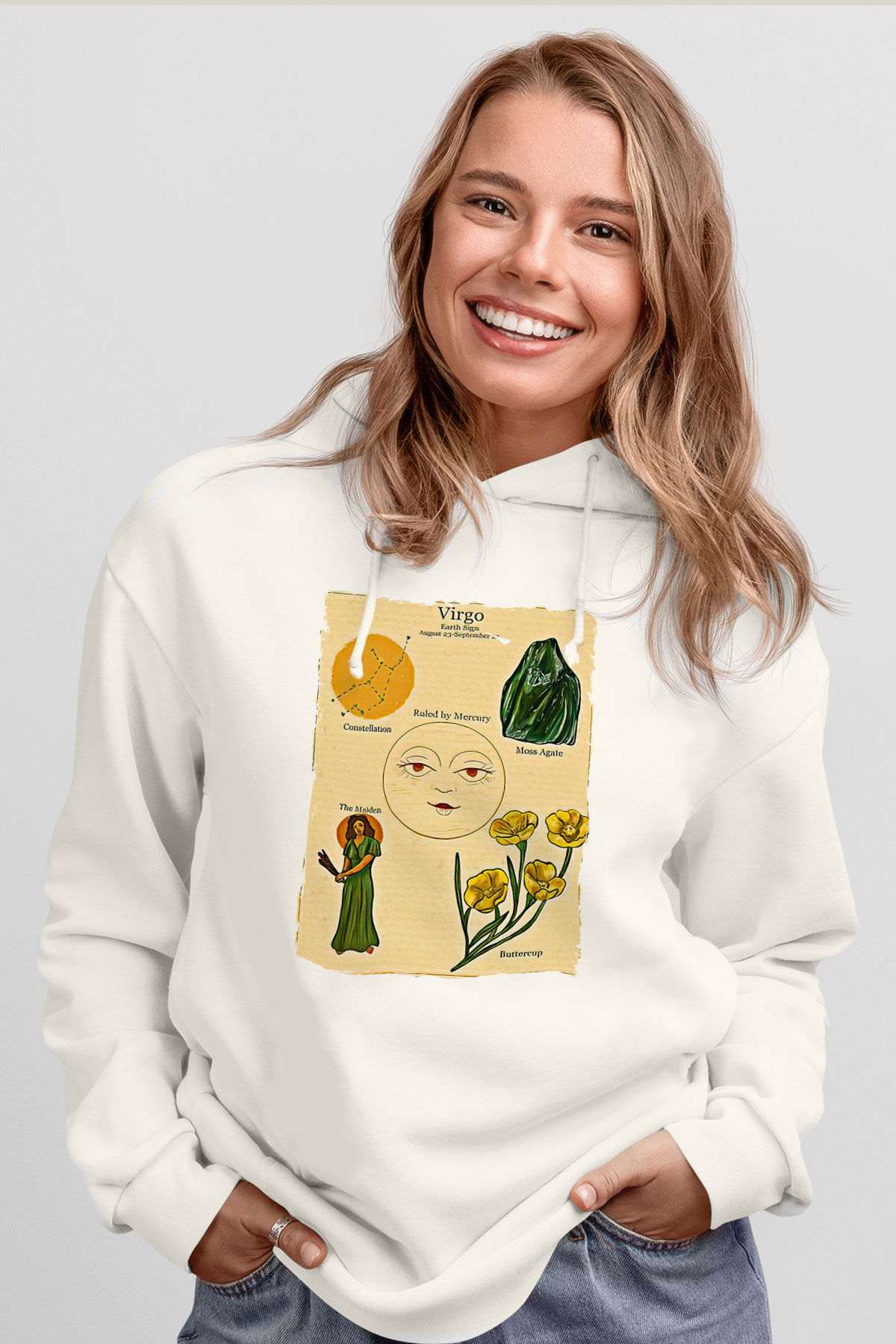 Aslan Burcu Baskılı Beyaz Unisex Hoodie