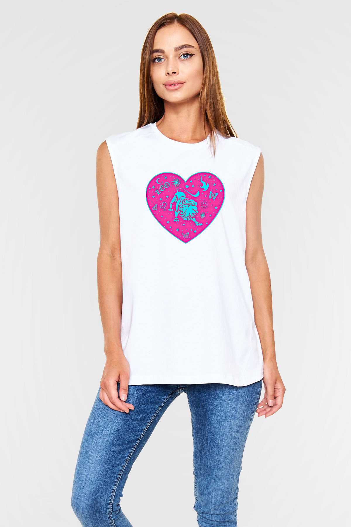 Aslan Burcu Baskılı Beyaz Unisex Kolsuz Tişört - Tshirt