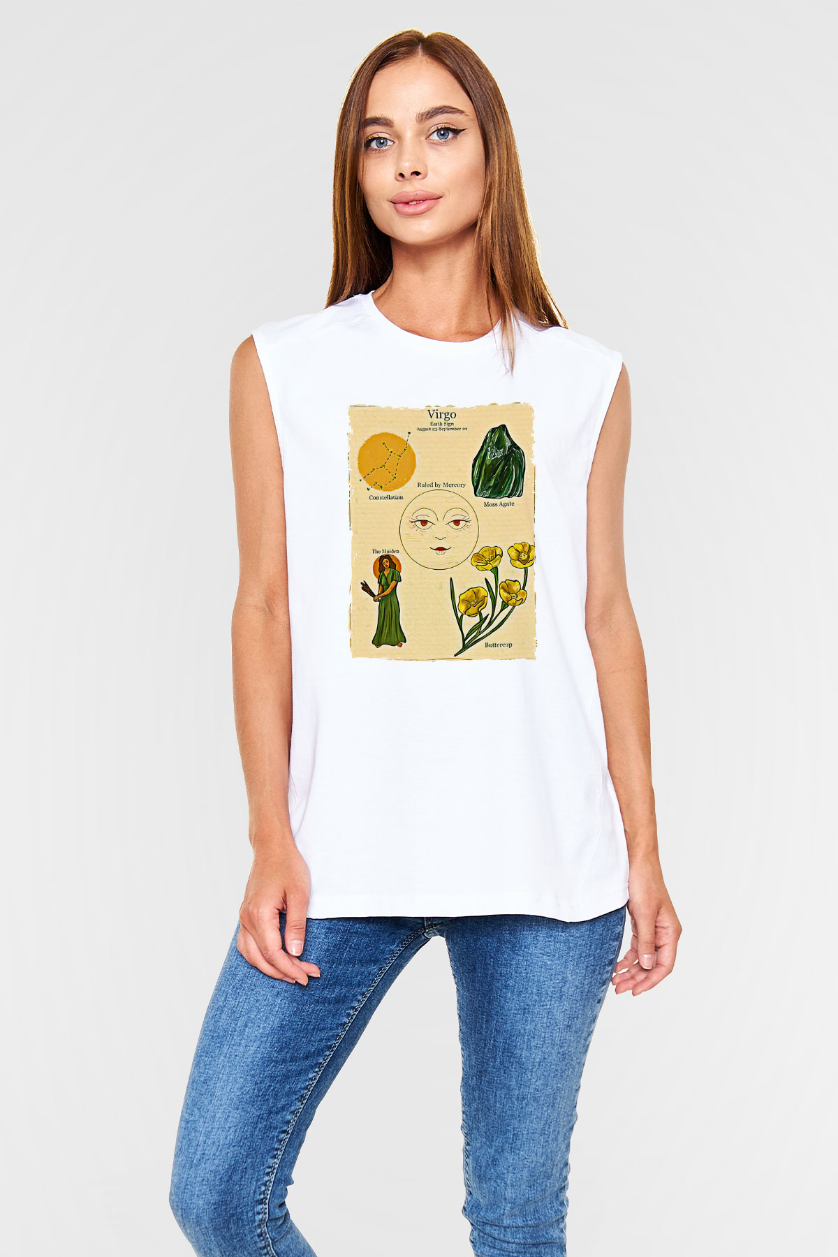 Aslan Burcu Baskılı Beyaz Unisex Kolsuz Tişört - Tshirt