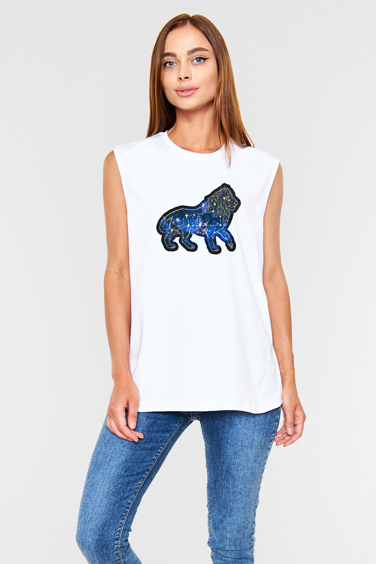 Aslan Burcu Baskılı Beyaz Unisex Kolsuz Tişört - Tshirt