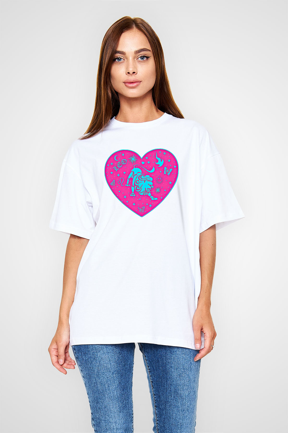 Aslan Burcu Baskılı Beyaz Unisex Oversize Tişört - Tshirt