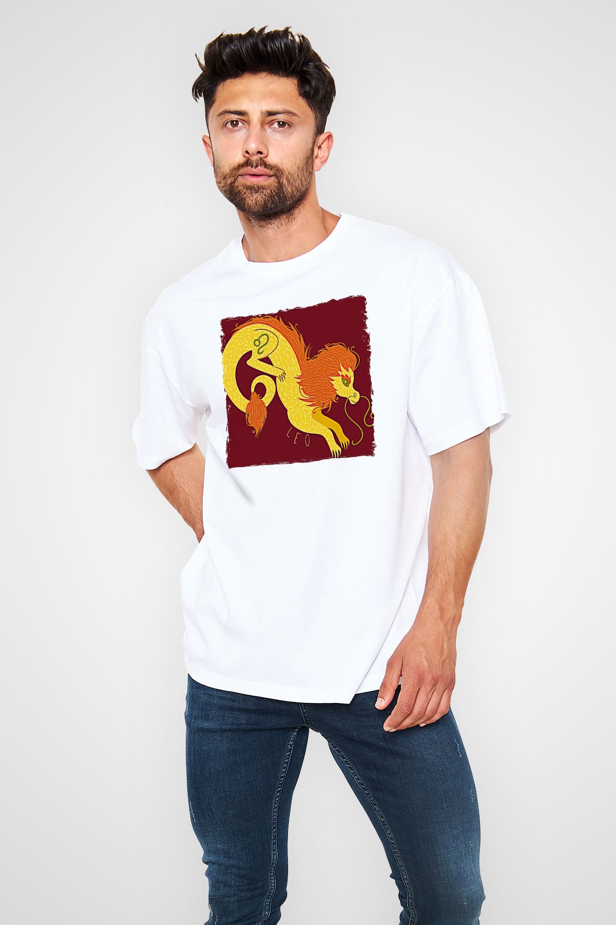 Aslan Burcu Baskılı Beyaz Unisex Oversize Tişört - Tshirt