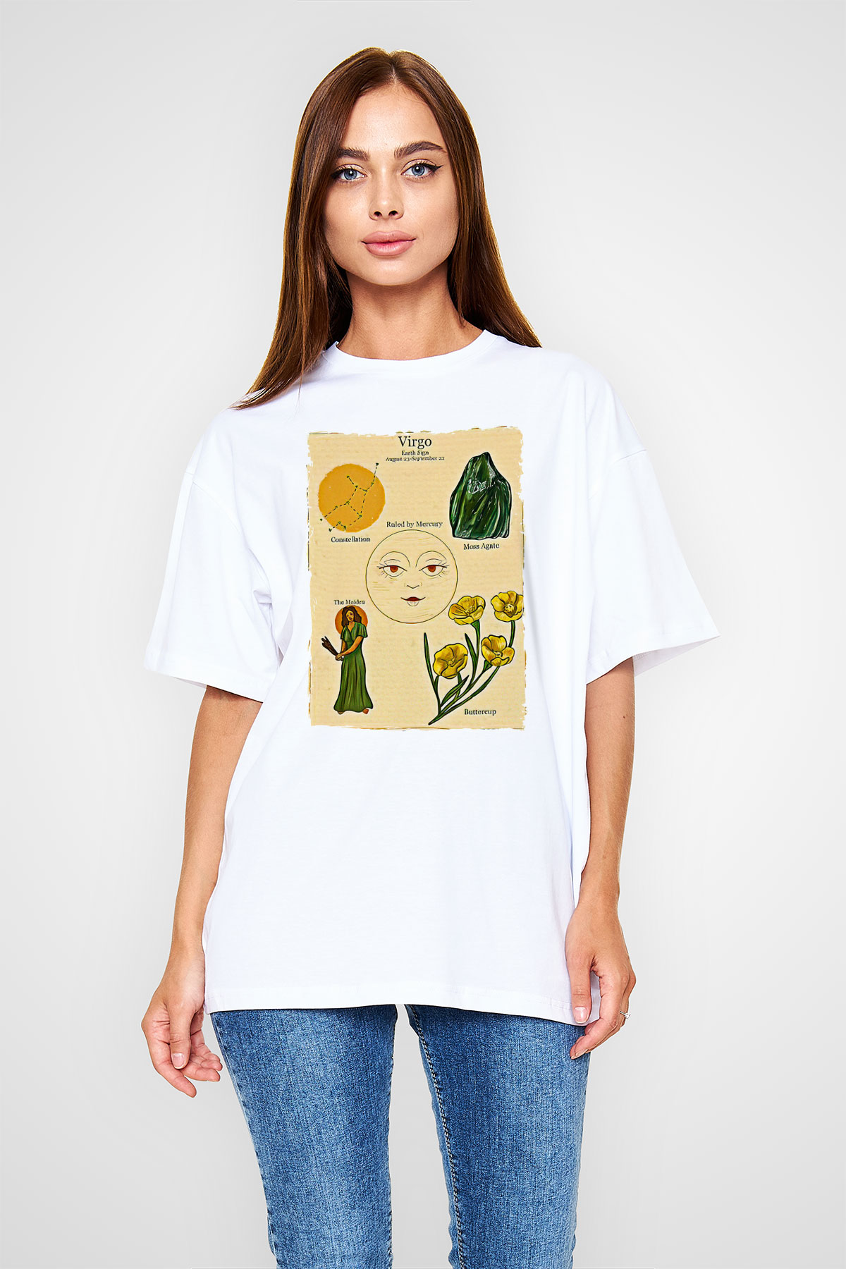 Aslan Burcu Baskılı Beyaz Unisex Oversize Tişört - Tshirt