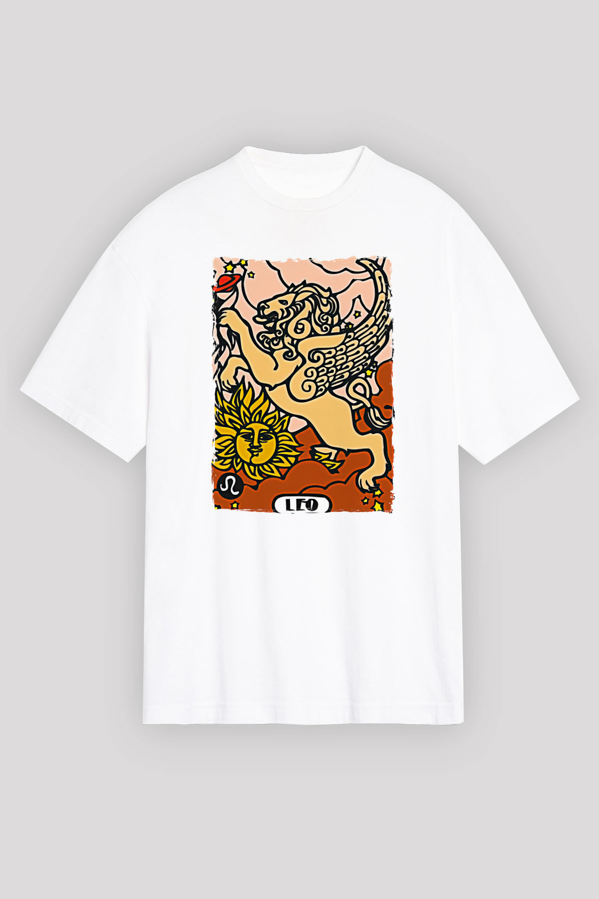 Aslan Burcu Baskılı Beyaz Unisex Oversize Tişört - Tshirt
