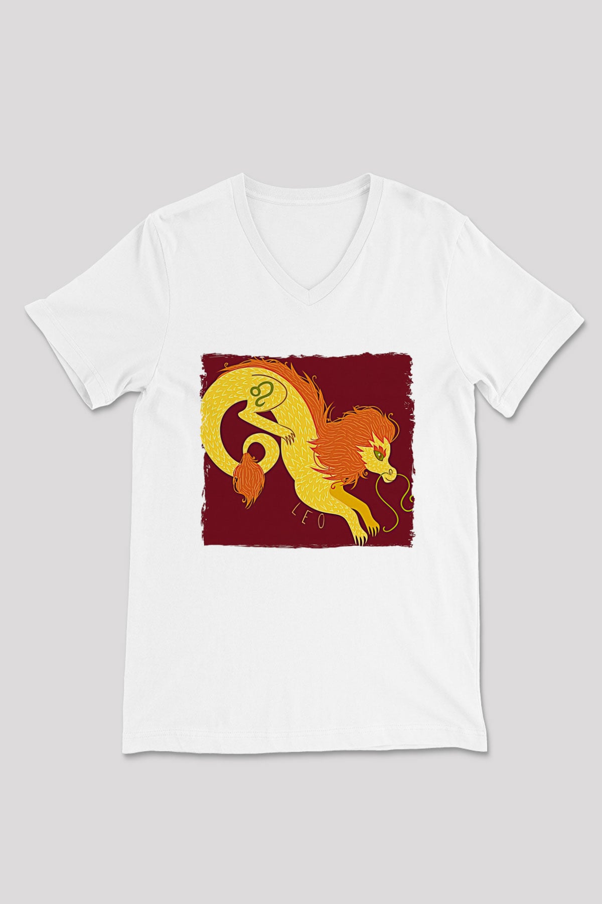 Aslan Burcu Baskılı Beyaz Unisex V Yaka Tişört - Tshirt