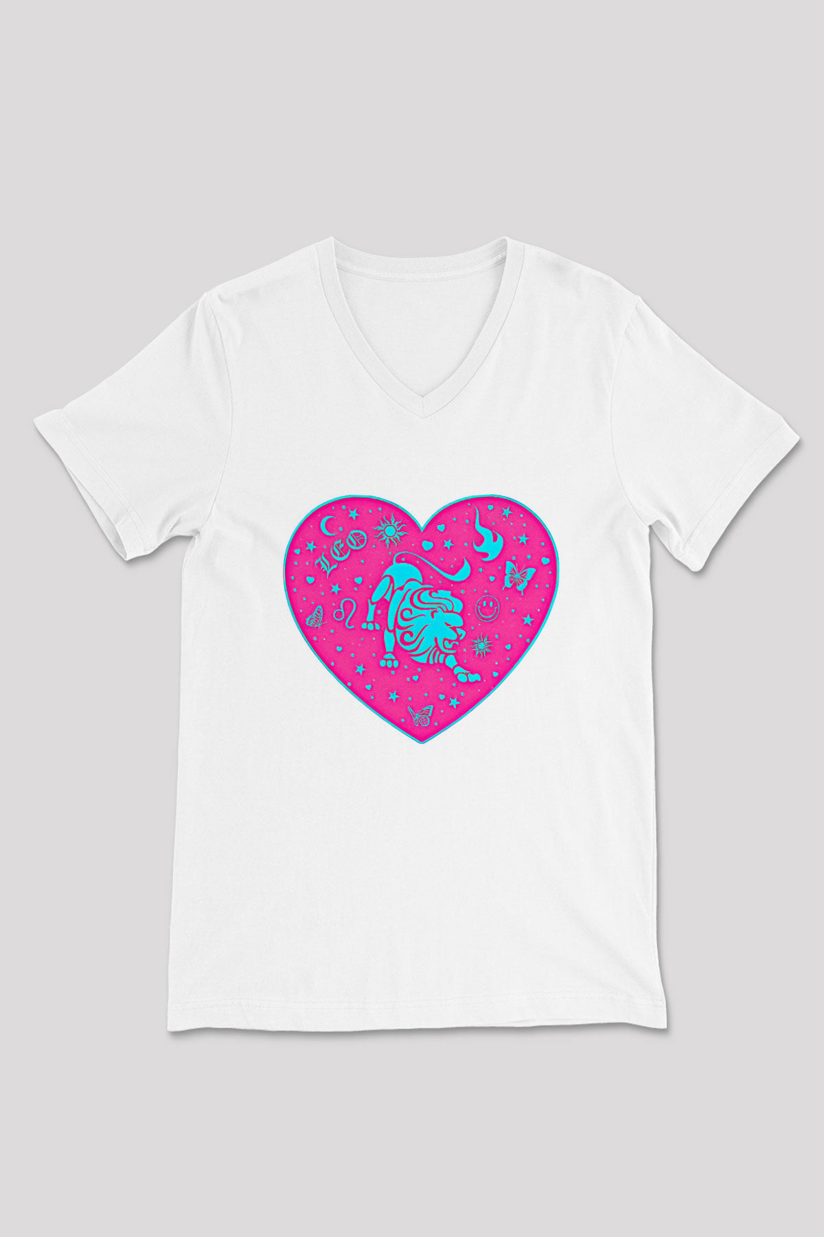 Aslan Burcu Baskılı Beyaz Unisex V Yaka Tişört - Tshirt