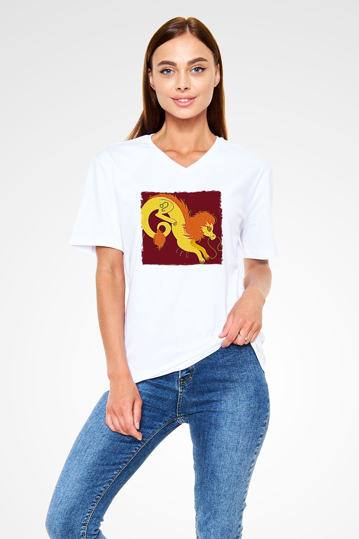 Aslan Burcu Baskılı Beyaz Unisex V Yaka Tişört - Tshirt