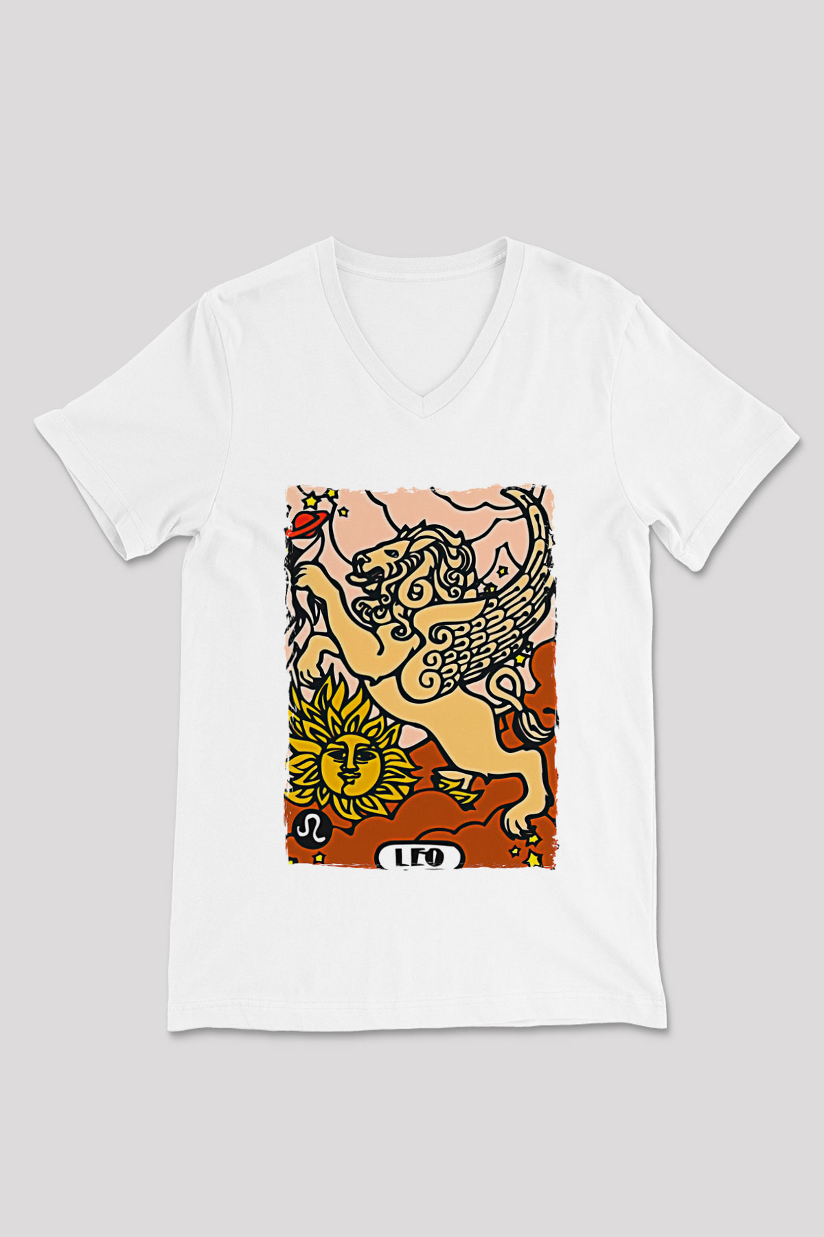 Aslan Burcu Baskılı Beyaz Unisex V Yaka Tişört - Tshirt