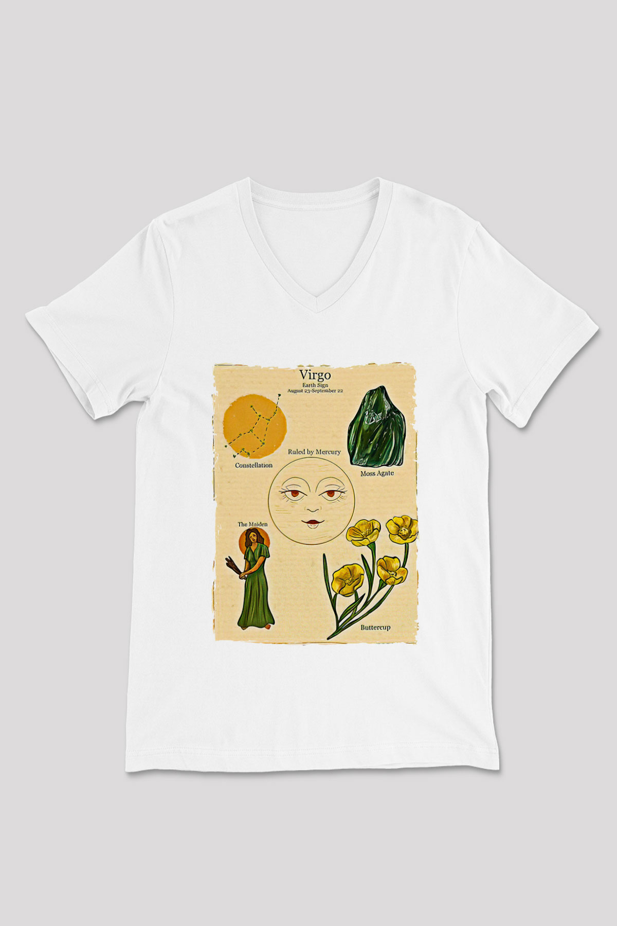 Aslan Burcu Baskılı Beyaz Unisex V Yaka Tişört - Tshirt