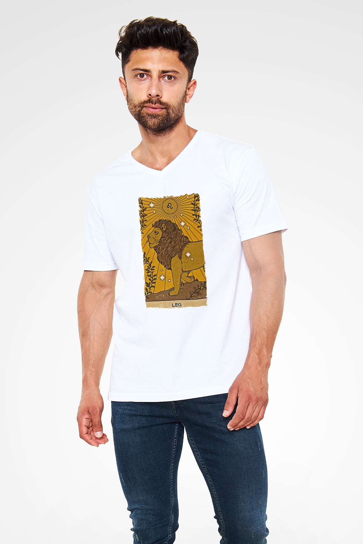 Aslan Burcu Baskılı Beyaz Unisex V Yaka Tişört - Tshirt