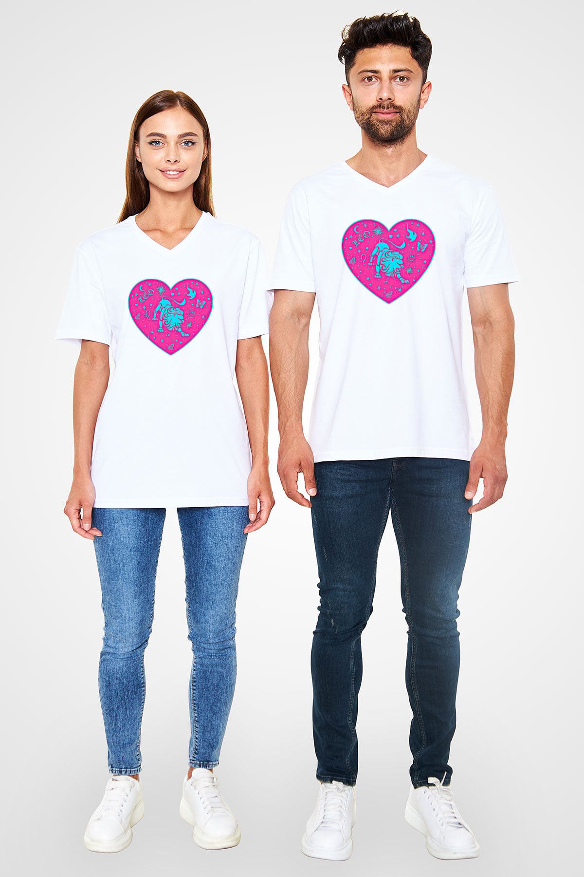 Aslan Burcu Baskılı Beyaz Unisex V Yaka Tişört - Tshirt