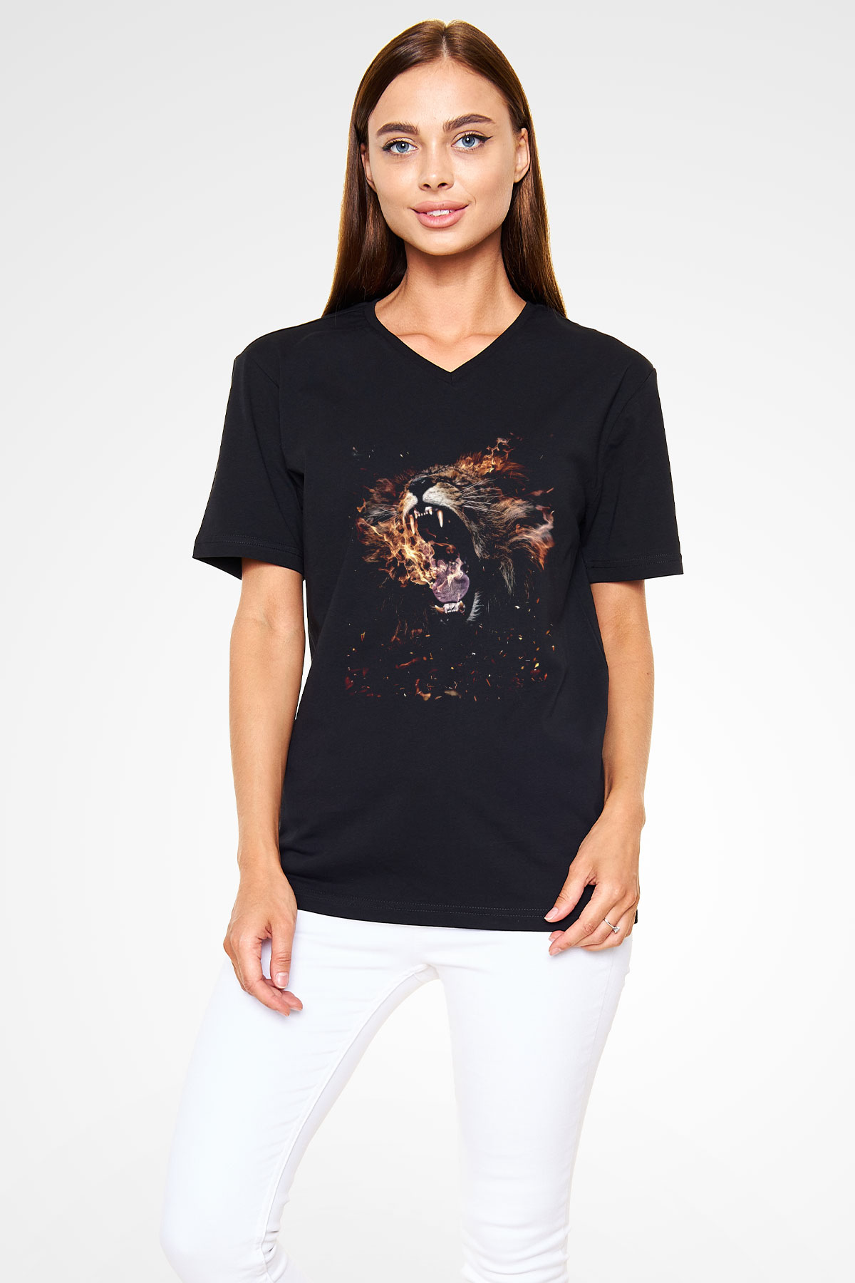 Aslan Siyah Unisex V Yaka Tişört