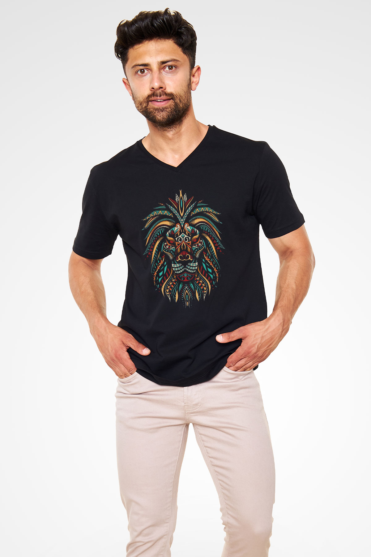 Aslan Siyah Unisex V Yaka Tişört
