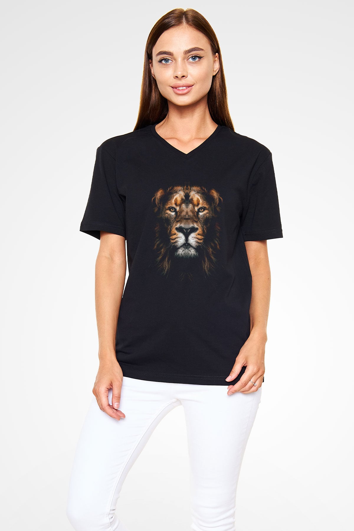 Aslan Siyah Unisex V Yaka Tişört