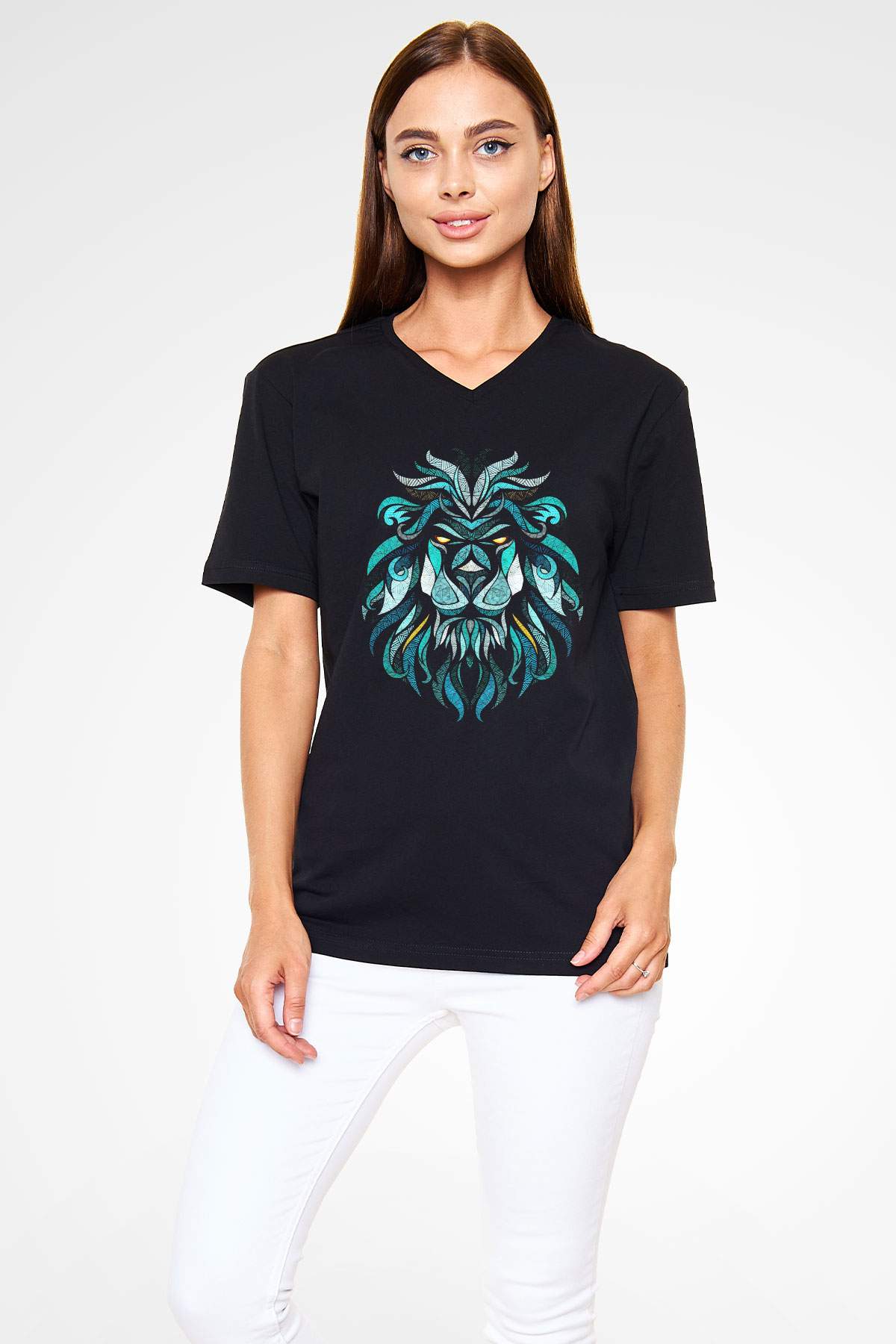 Aslan Siyah Unisex V Yaka Tişört T-Shirt
