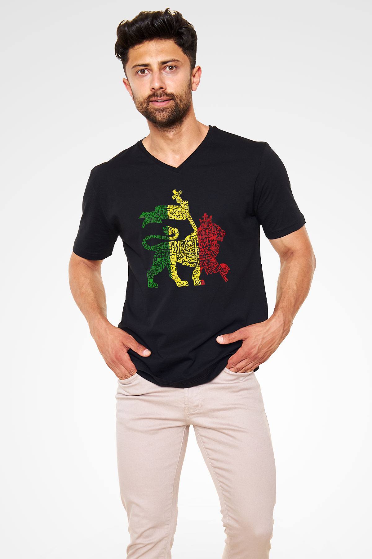 Aslan Siyah Unisex V Yaka Tişört T-Shirt