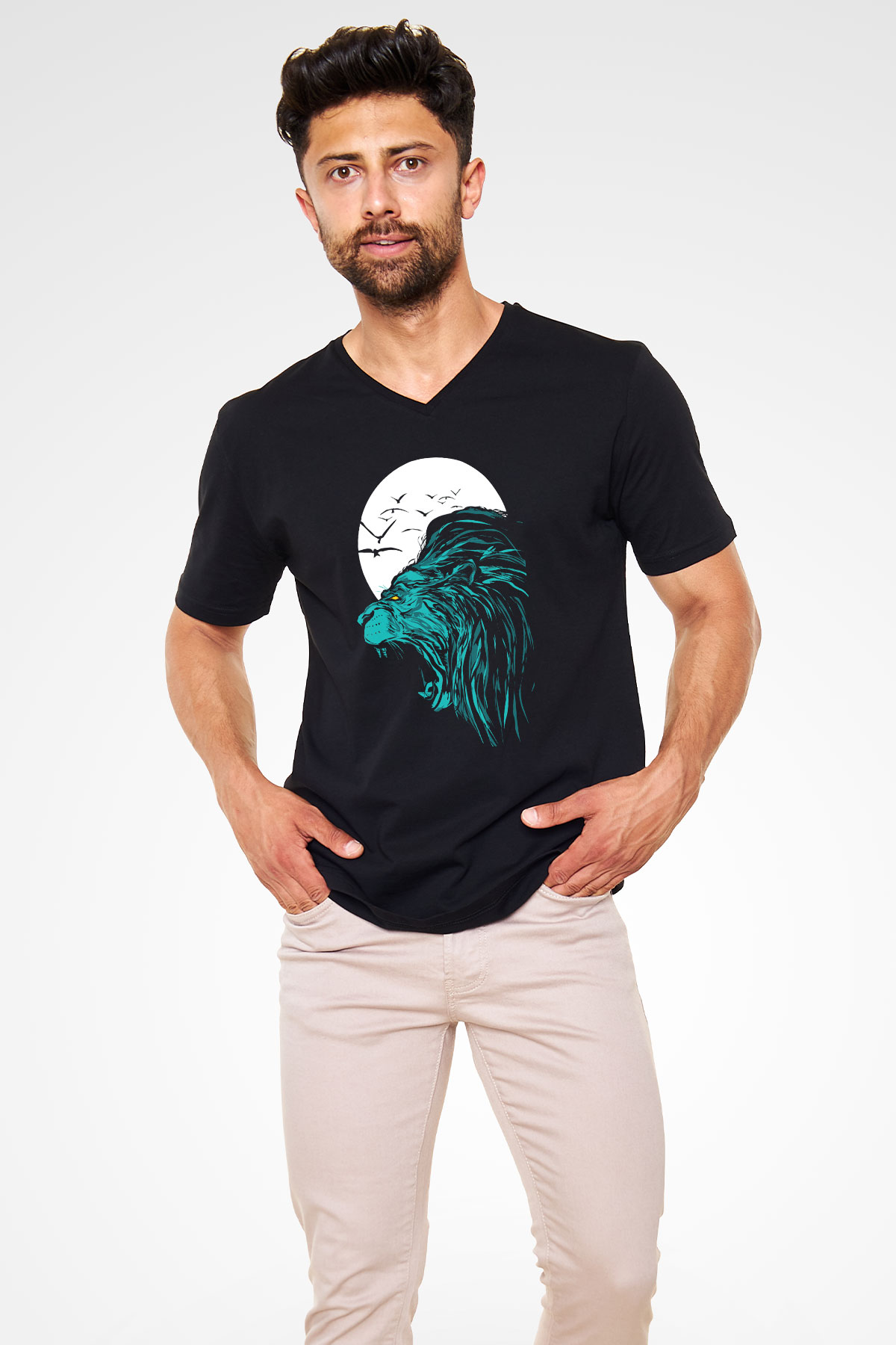 Aslan Siyah Unisex V Yaka Tişört T-Shirt