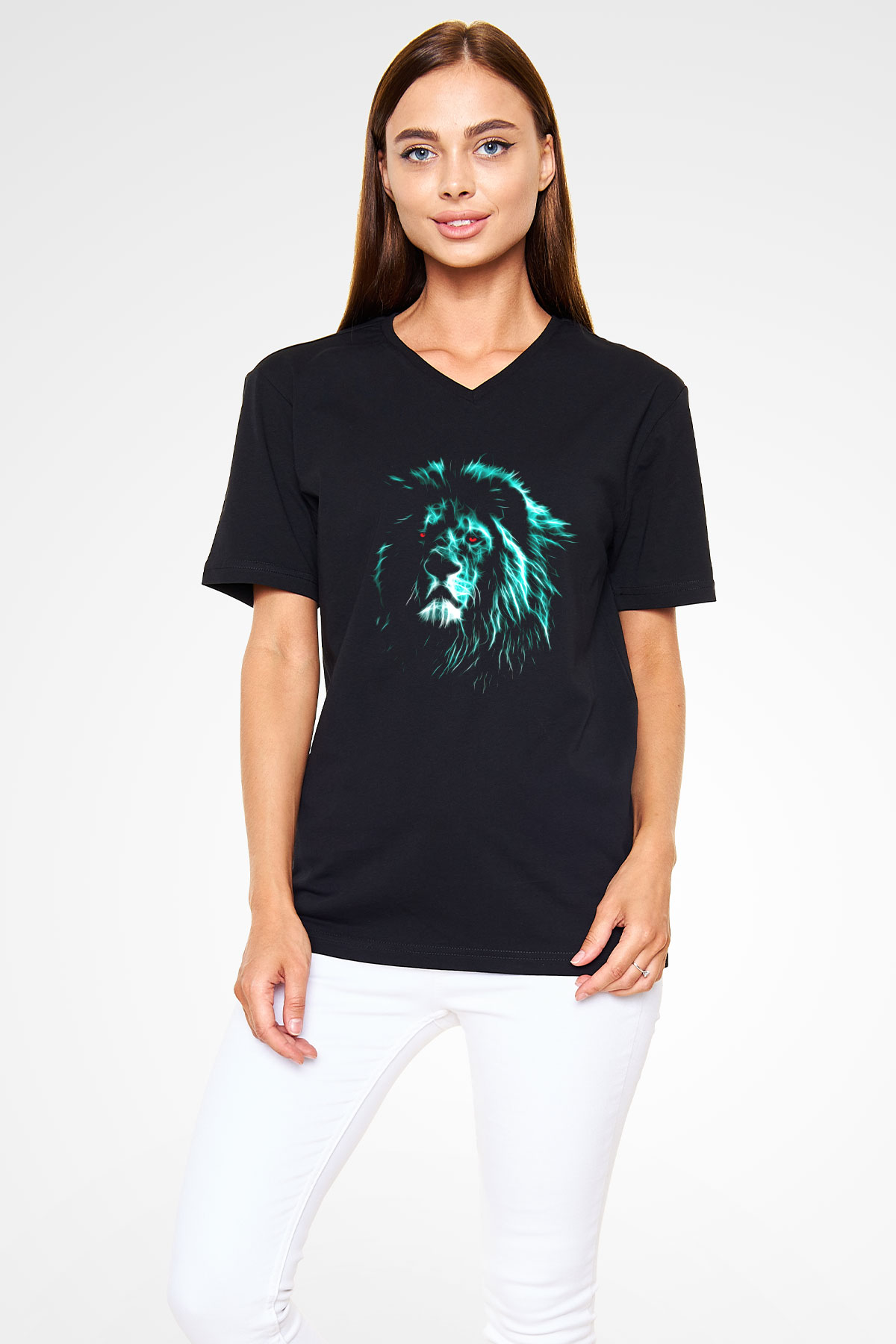 Aslan Siyah Unisex V Yaka Tişört T-Shirt