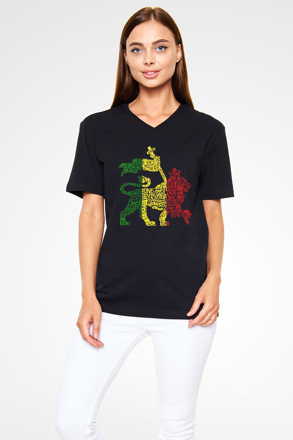 Aslan Siyah Unisex V Yaka Tişört T-Shirt