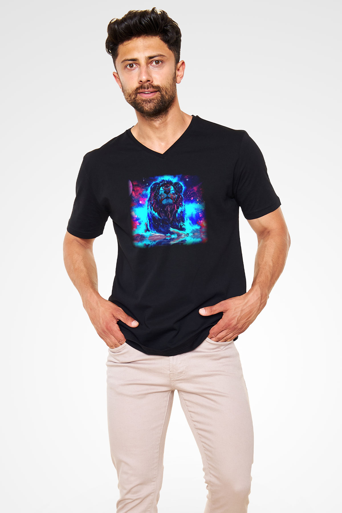 Aslan Siyah Unisex V Yaka Tişört T-Shirt