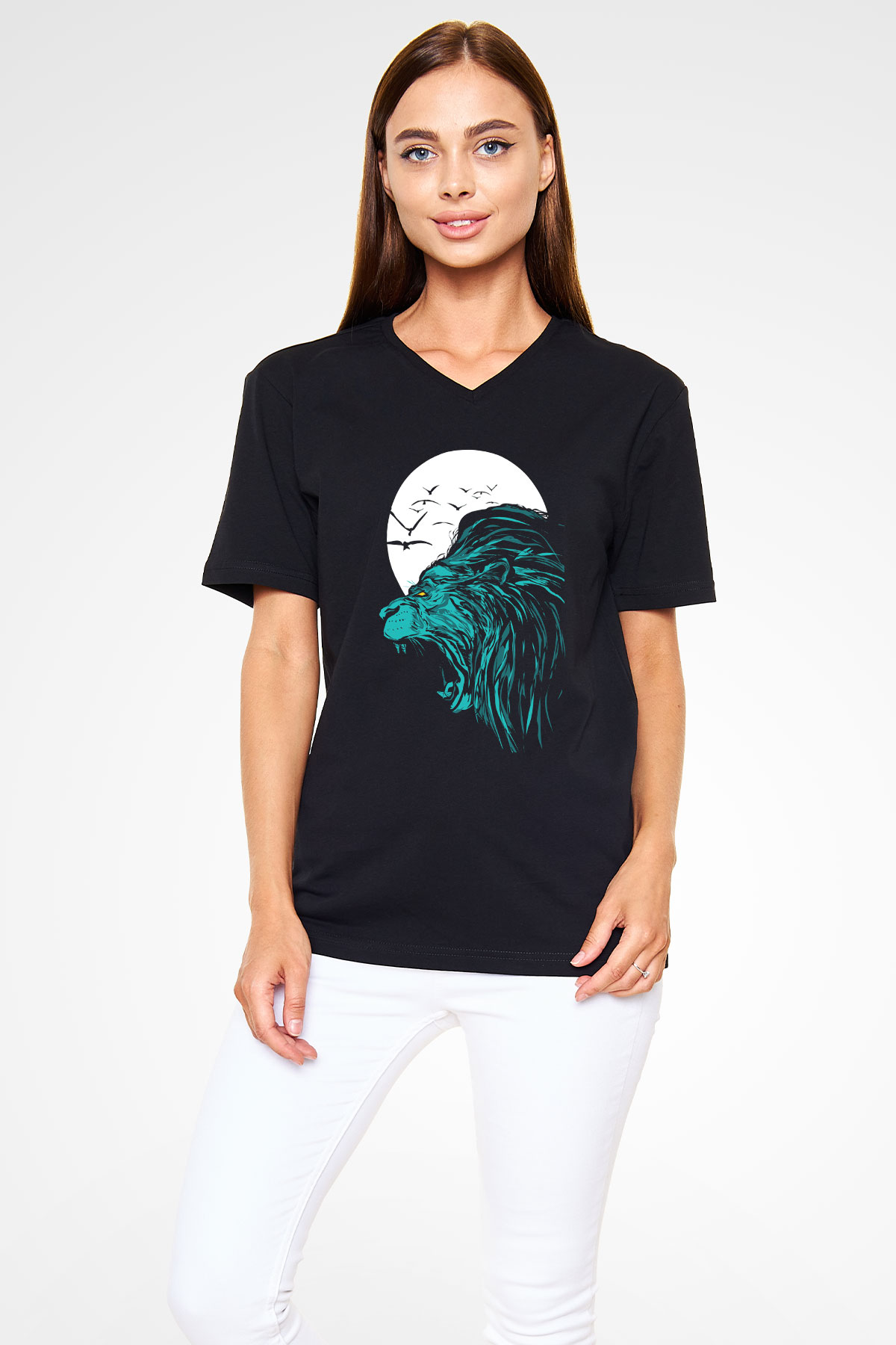 Aslan Siyah Unisex V Yaka Tişört T-Shirt