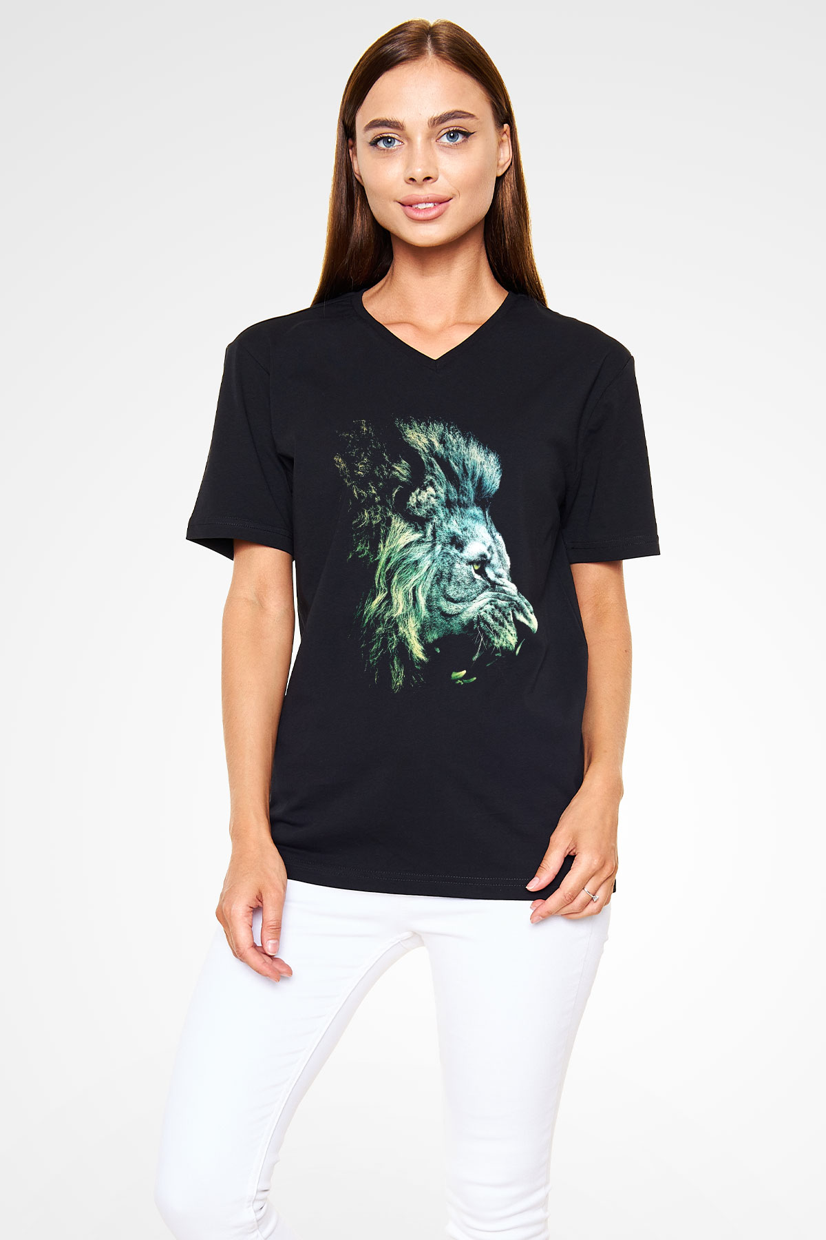 Aslan Siyah Unisex V Yaka Tişört T-Shirt