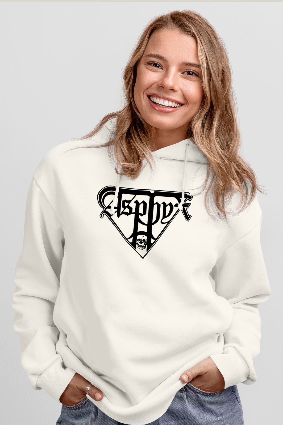 Asphyx Baskılı Beyaz Unisex Kapüşonlu Sweatshirt