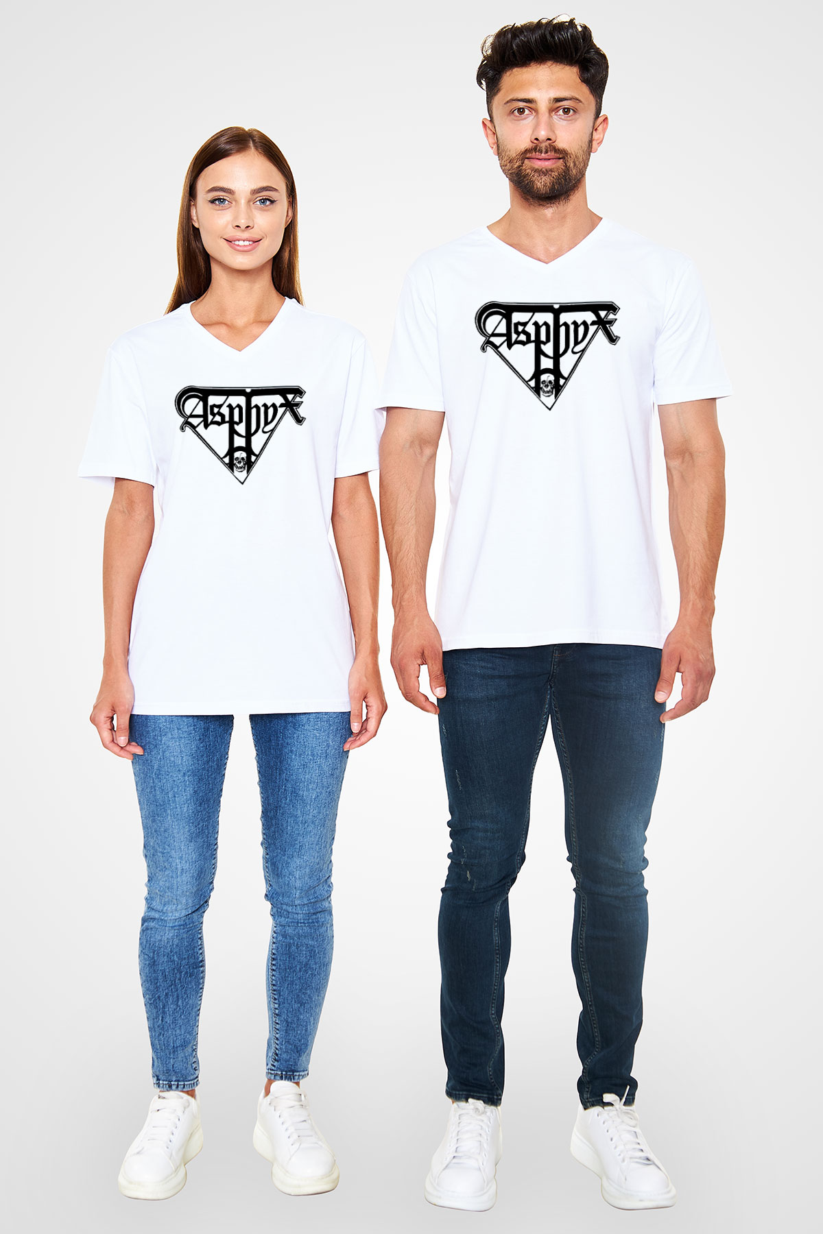Asphyx Baskılı Beyaz Unisex V Yaka Tişört - Tshirt