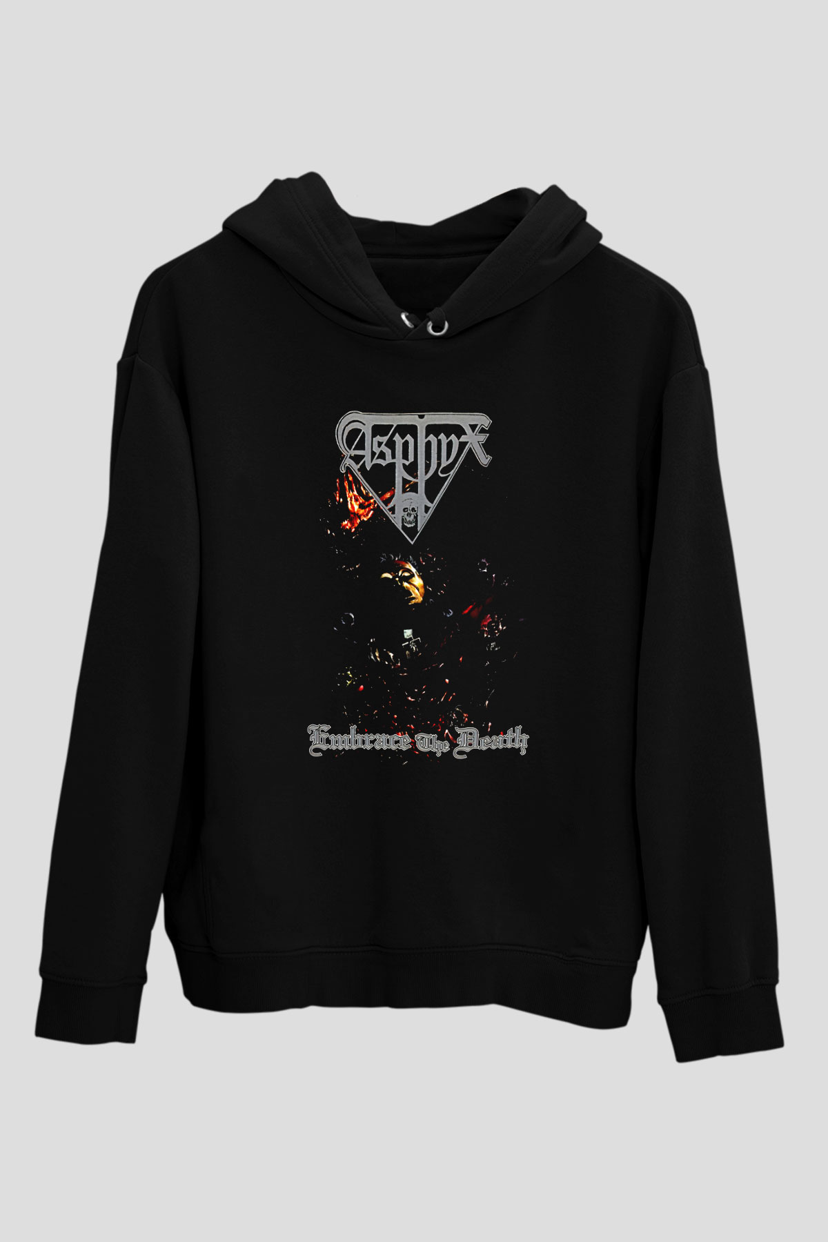 Asphyx Baskılı Unisex Siyah Kapüşonlu Sweatshirt