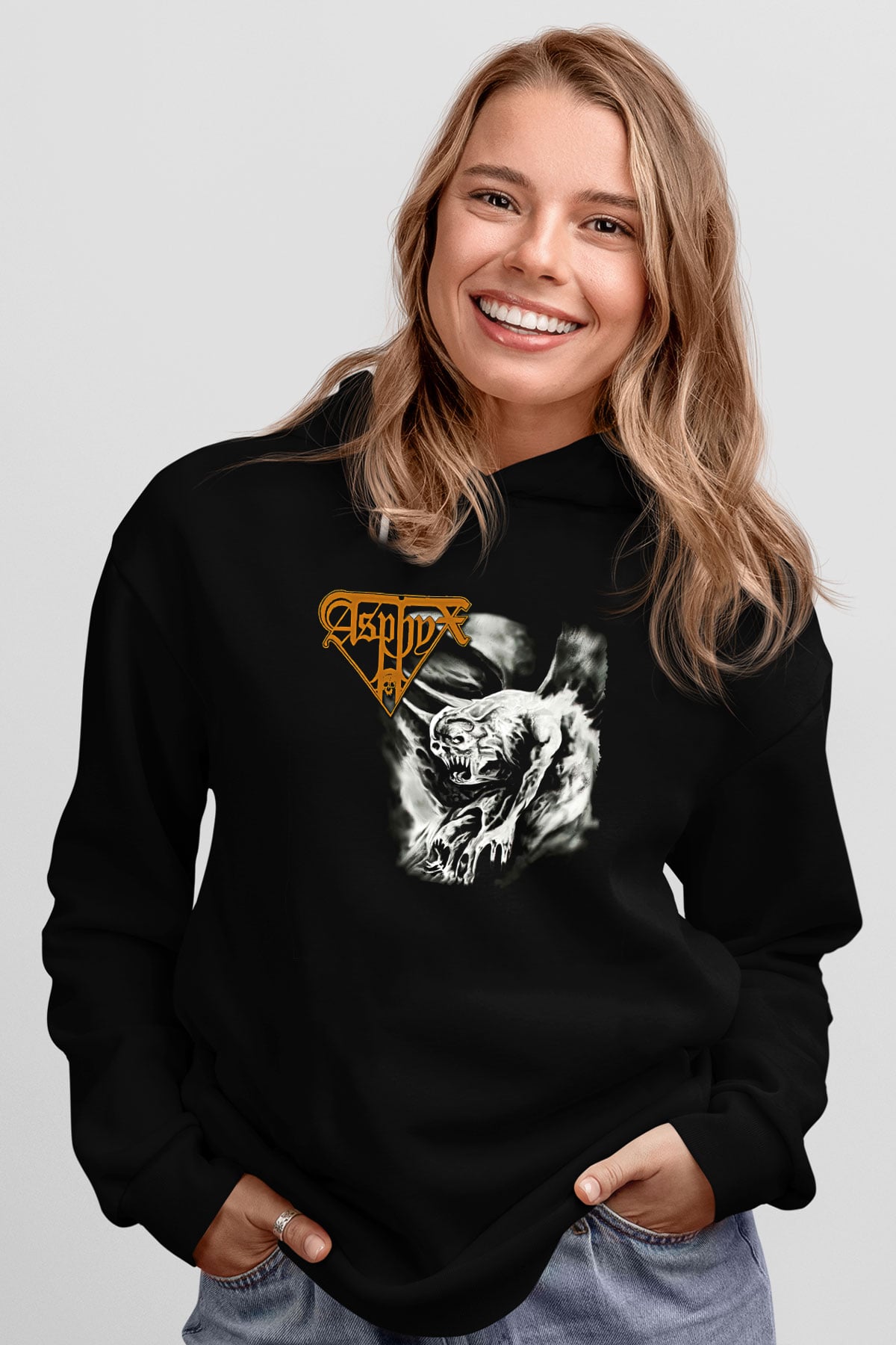 Asphyx Baskılı Unisex Siyah Kapüşonlu Sweatshirt