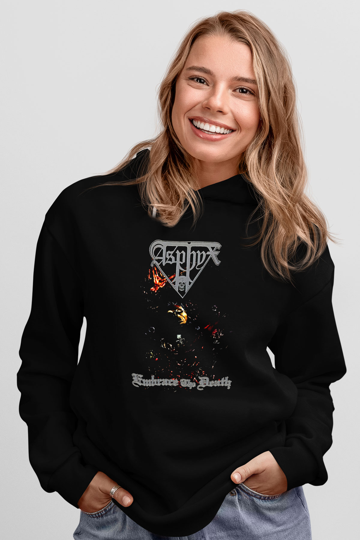 Asphyx Baskılı Unisex Siyah Kapüşonlu Sweatshirt