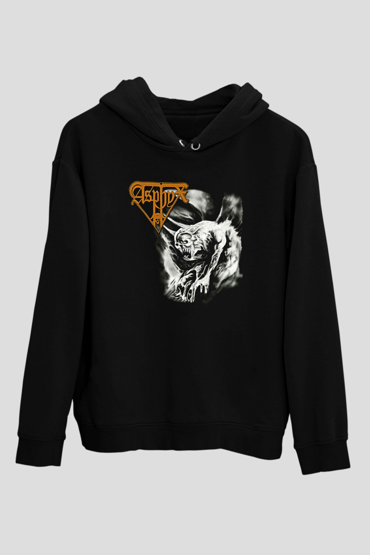 Asphyx Baskılı Unisex Siyah Kapüşonlu Sweatshirt