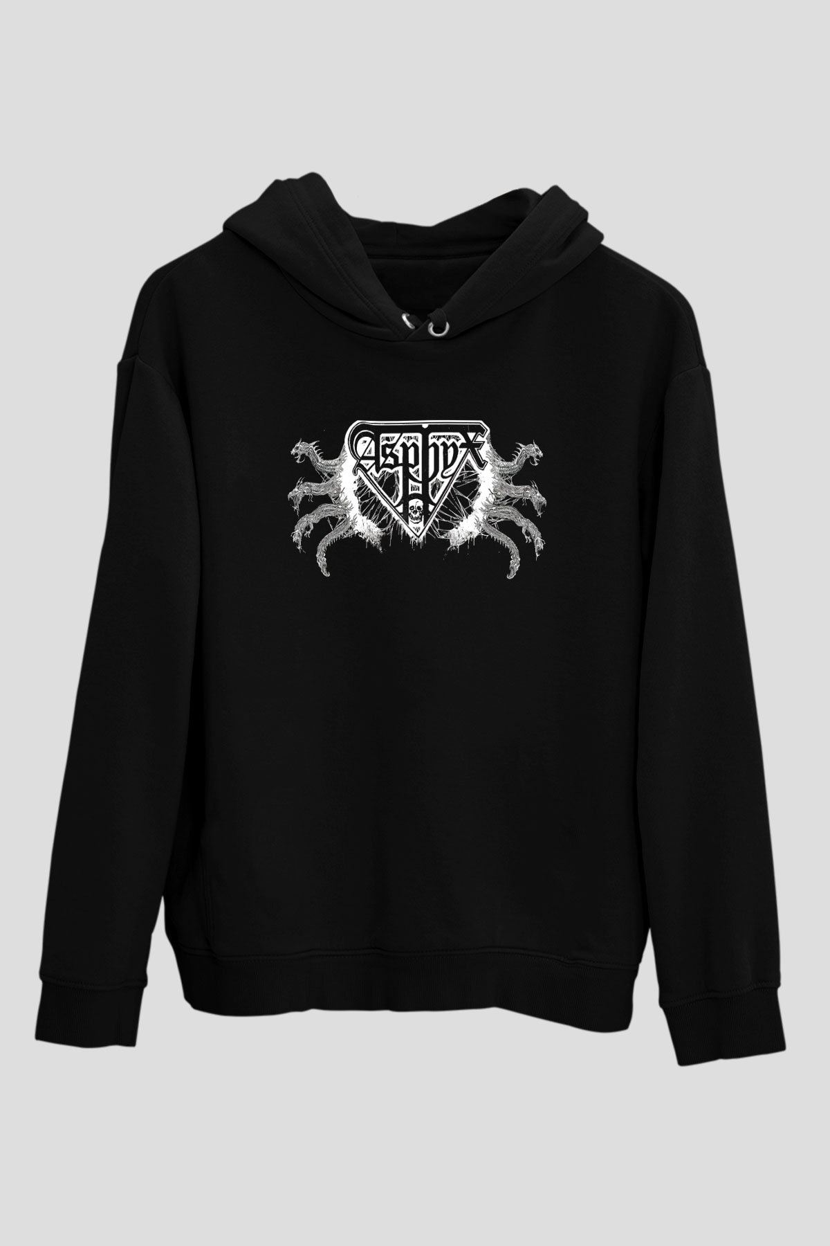 Asphyx Baskılı Unisex Siyah Kapüşonlu Sweatshirt