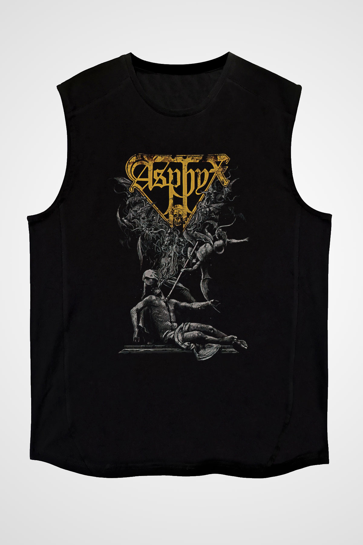 Asphyx Baskılı Unisex Siyah Kolsuz Tişört - Tshirt