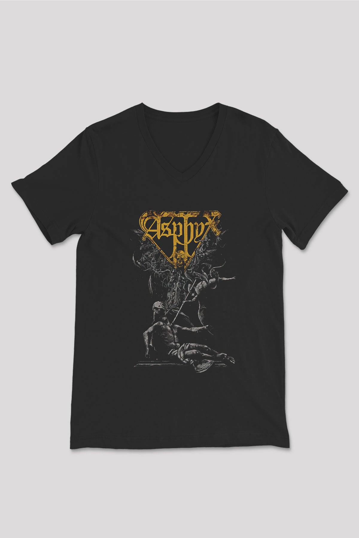 Asphyx Baskılı Unisex Siyah V Yaka Tişört - Tshirt