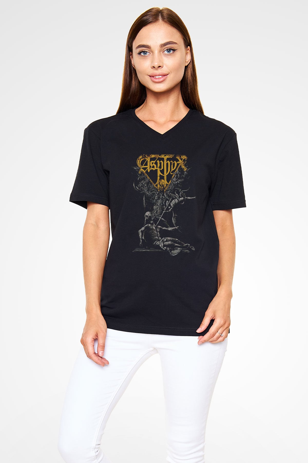 Asphyx Baskılı Unisex Siyah V Yaka Tişört - Tshirt