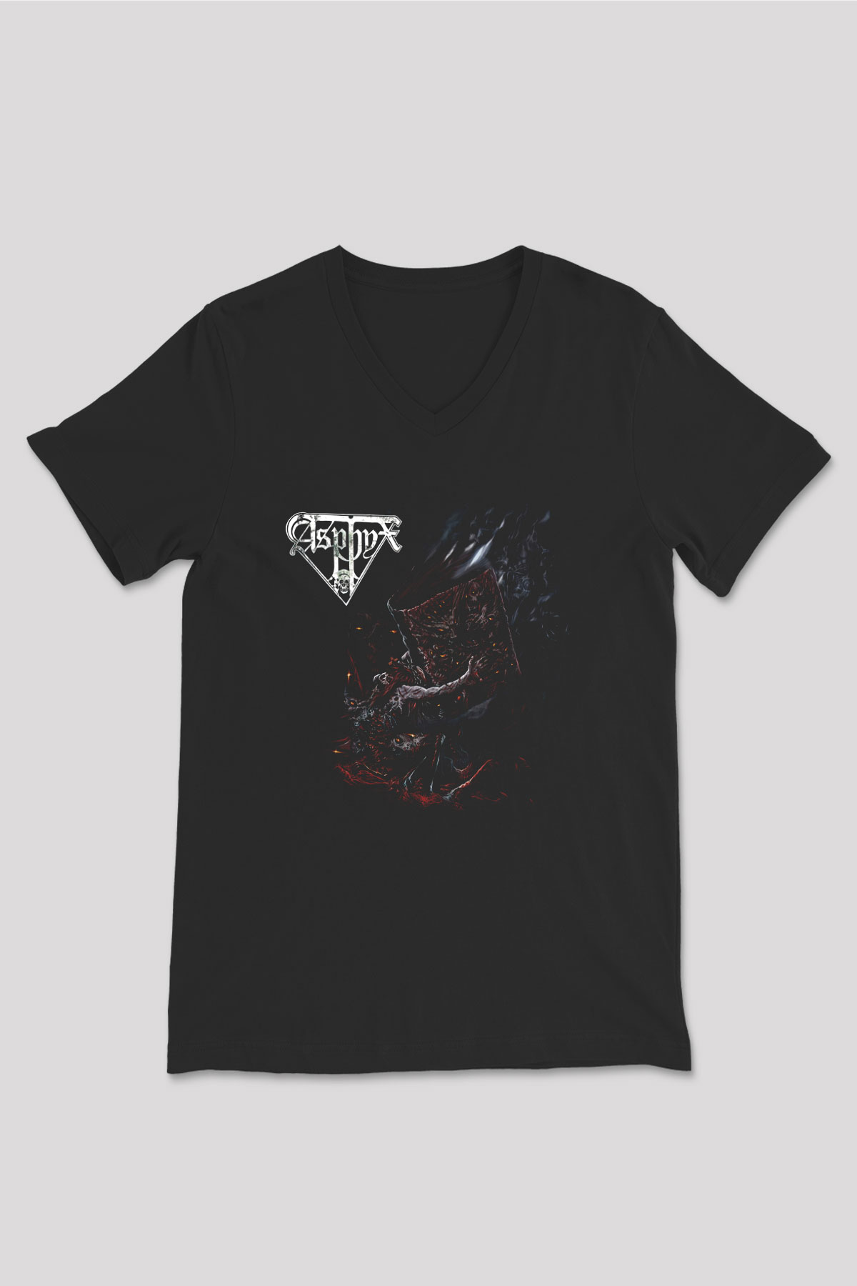 Asphyx Baskılı Unisex Siyah V Yaka Tişört - Tshirt