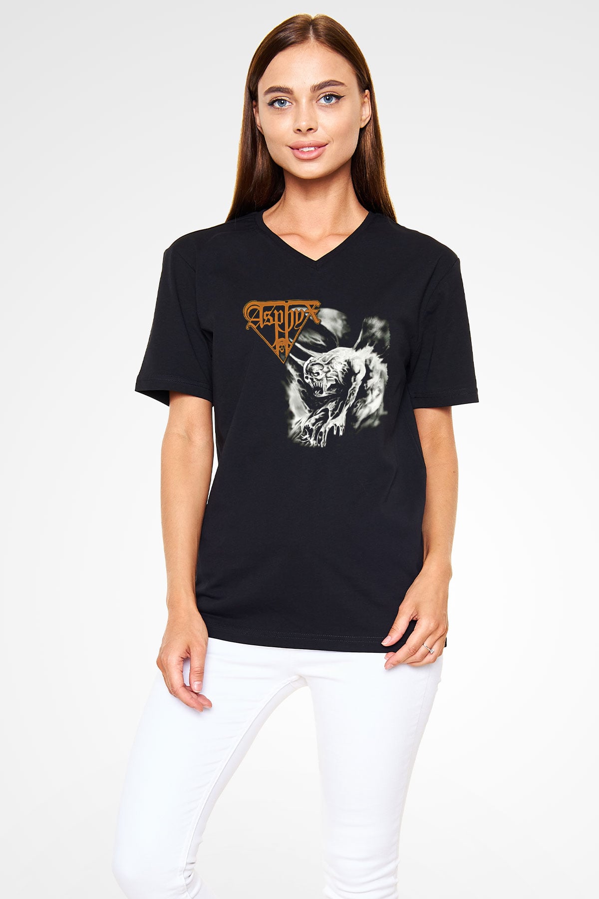Asphyx Baskılı Unisex Siyah V Yaka Tişört - Tshirt