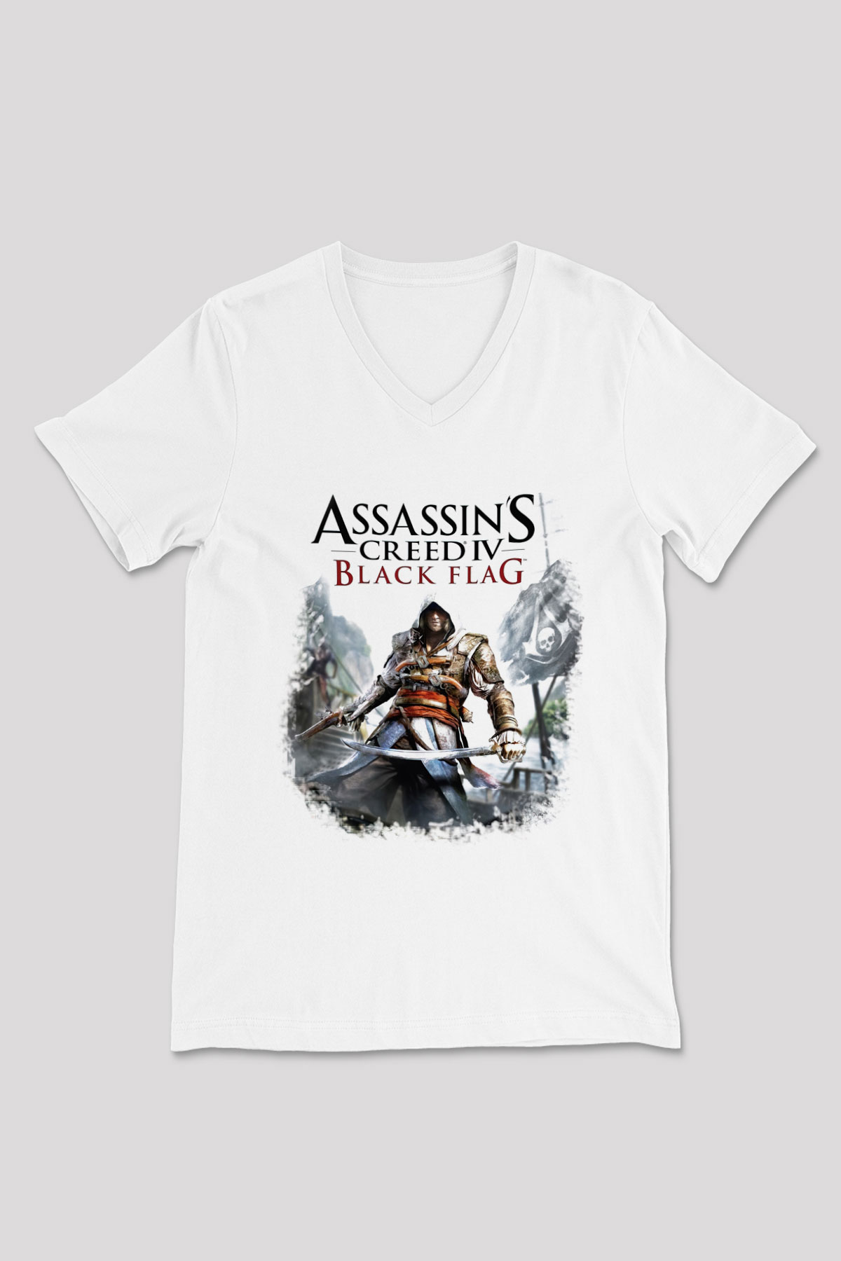 Assassins Creed Beyaz Unisex V Yaka Tişört T-Shirt