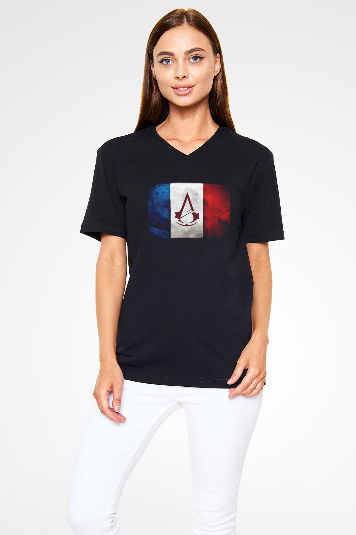 Assassins Creed Siyah Unisex V Yaka Tişört T-Shirt