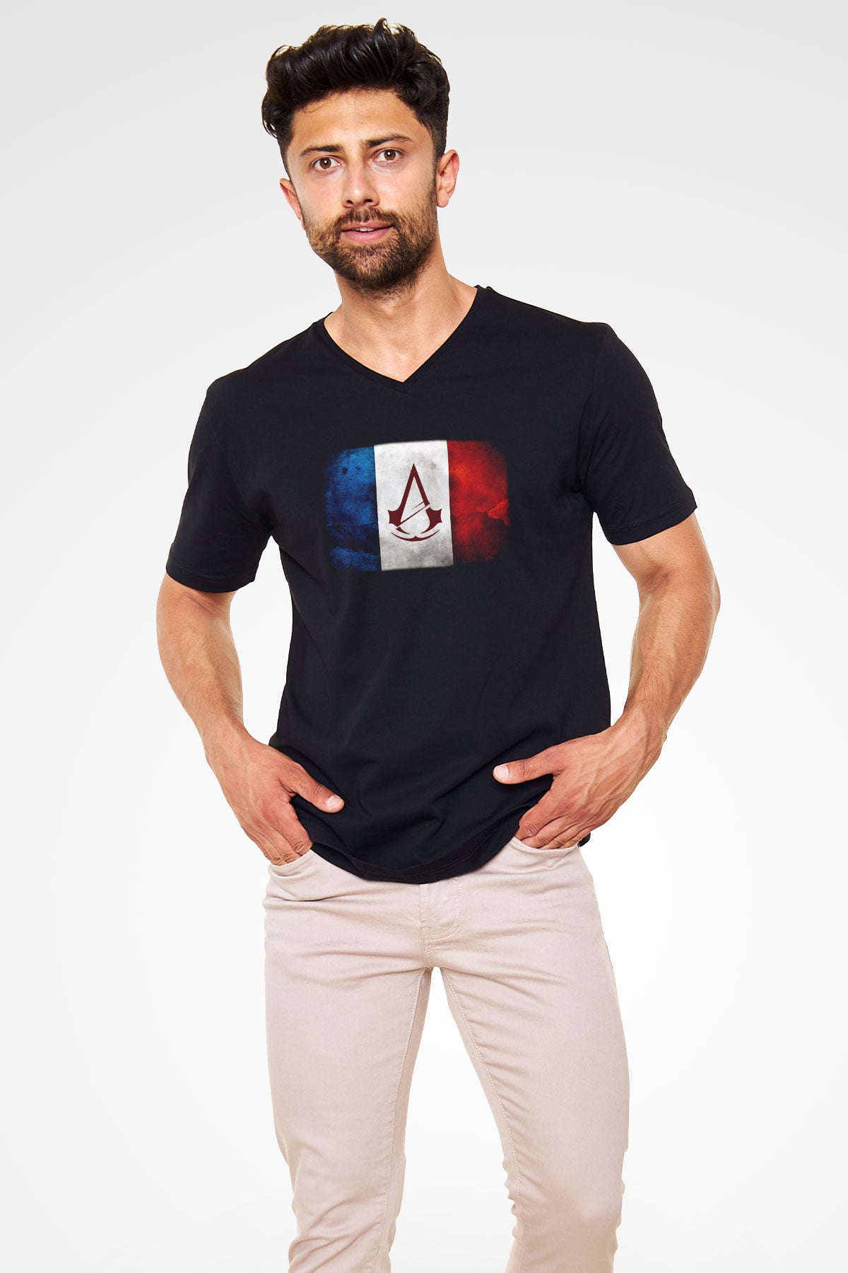 Assassins Creed Siyah Unisex V Yaka Tişört T-Shirt