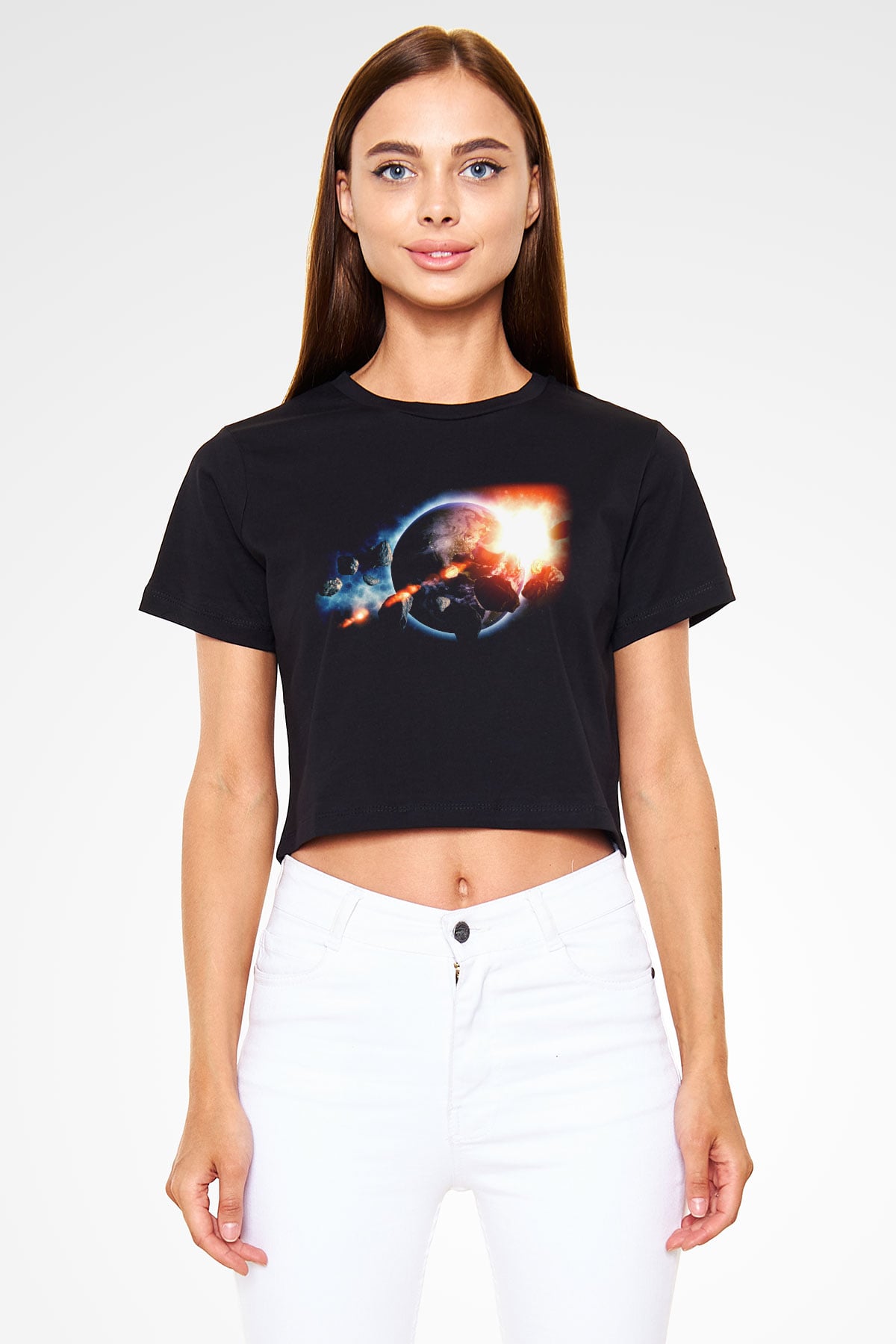 Asteroit Siyah Crop Top Tişört