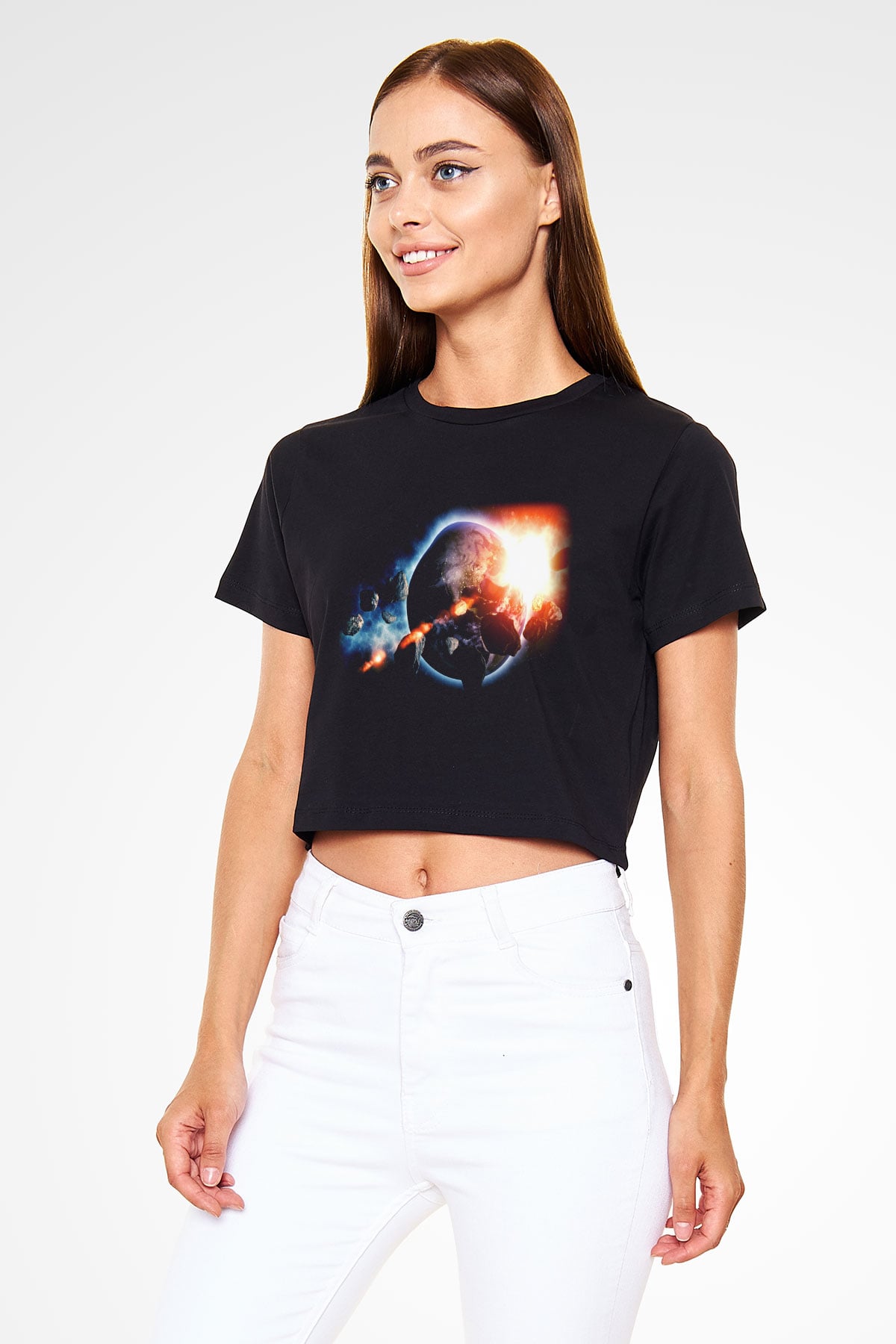 Asteroit Siyah Crop Top Tişört