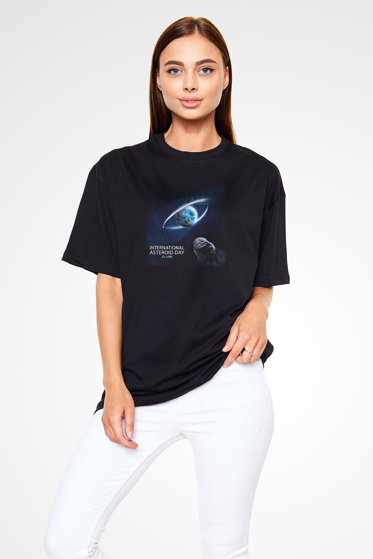 Asteroit Siyah Unisex Oversize Tişört T-Shirt