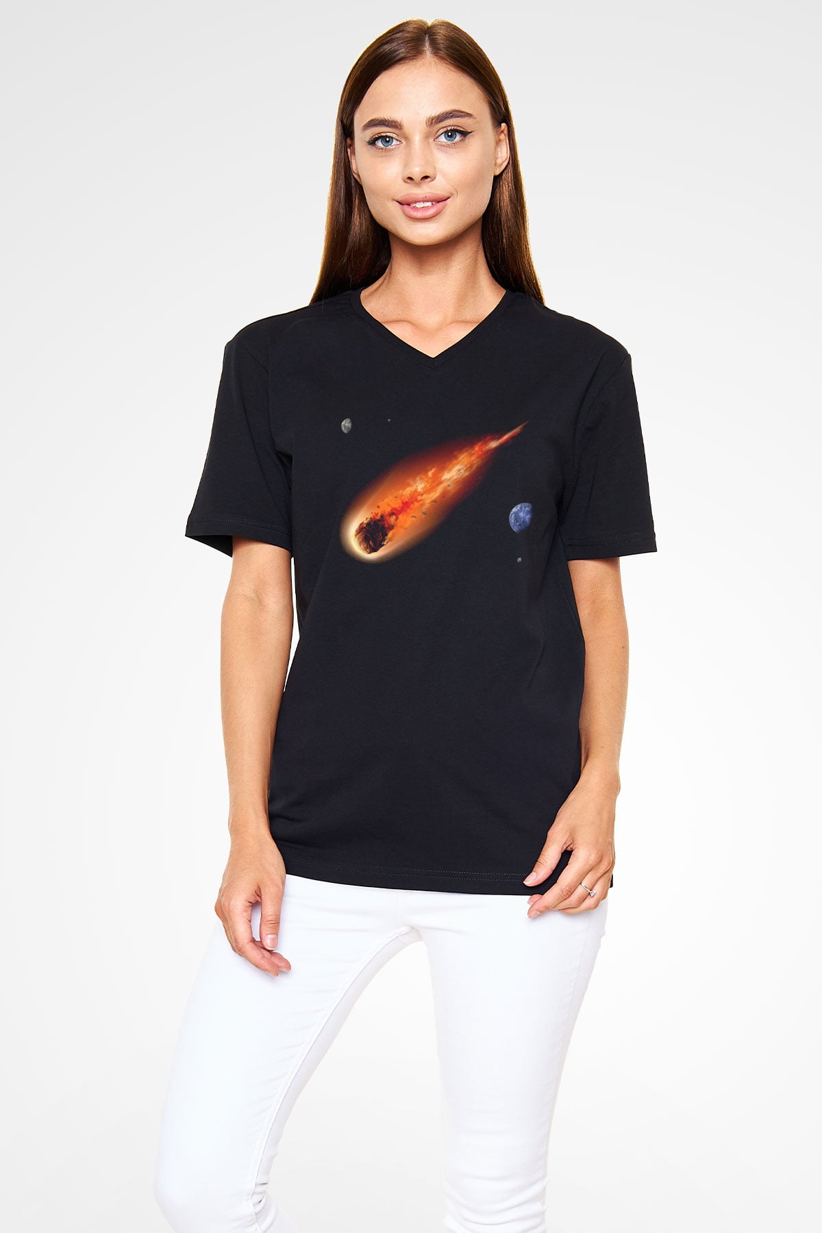 Asteroit Siyah Unisex V Yaka Tişört T-Shirt