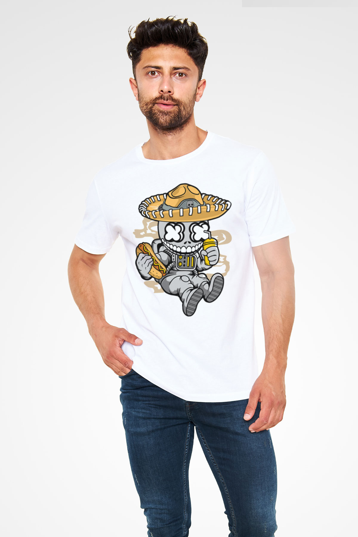 Astronaut Skull Of The Dead Baskılı Unisex Beyaz Tişört