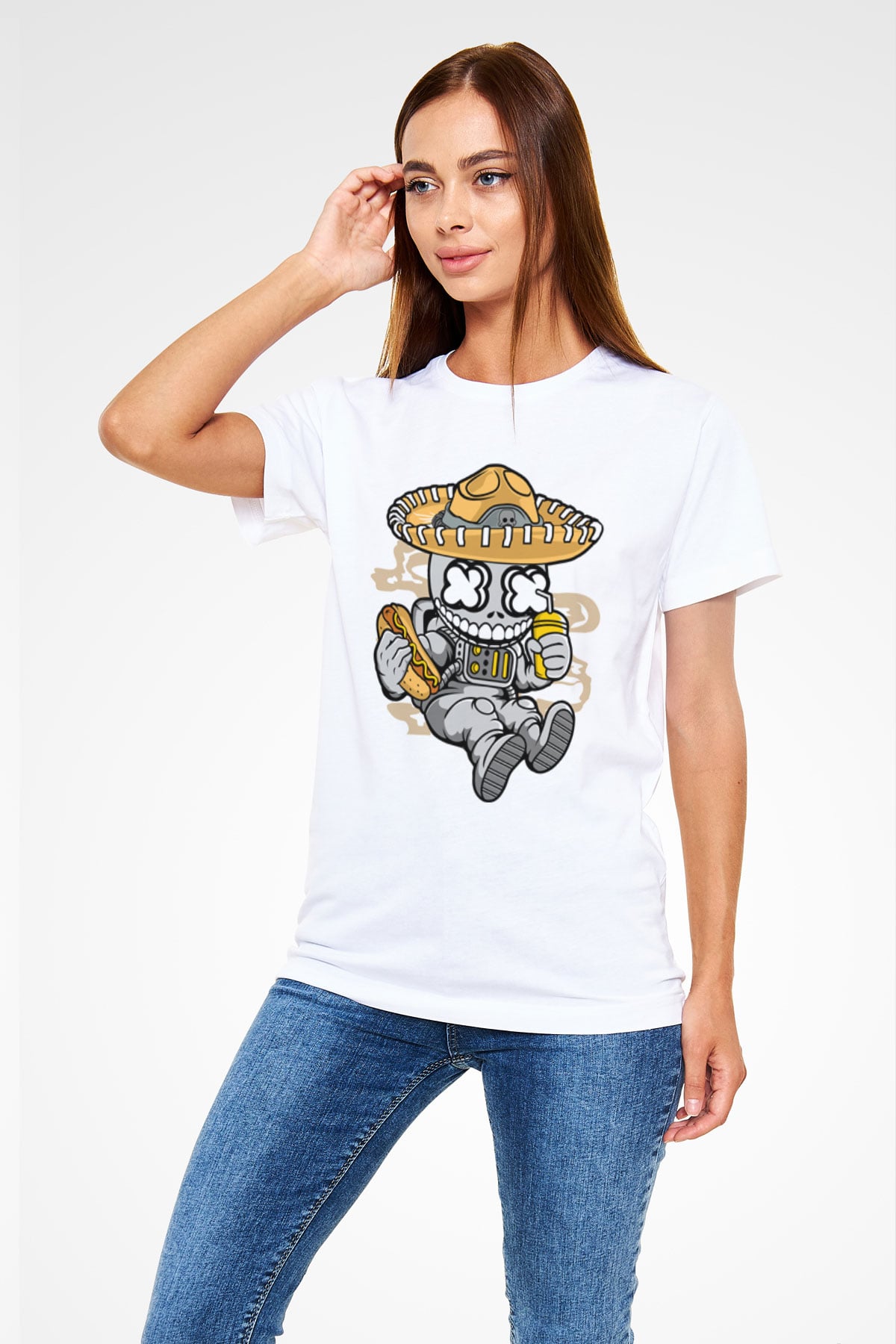 Astronaut Skull Of The Dead Baskılı Unisex Beyaz Tişört