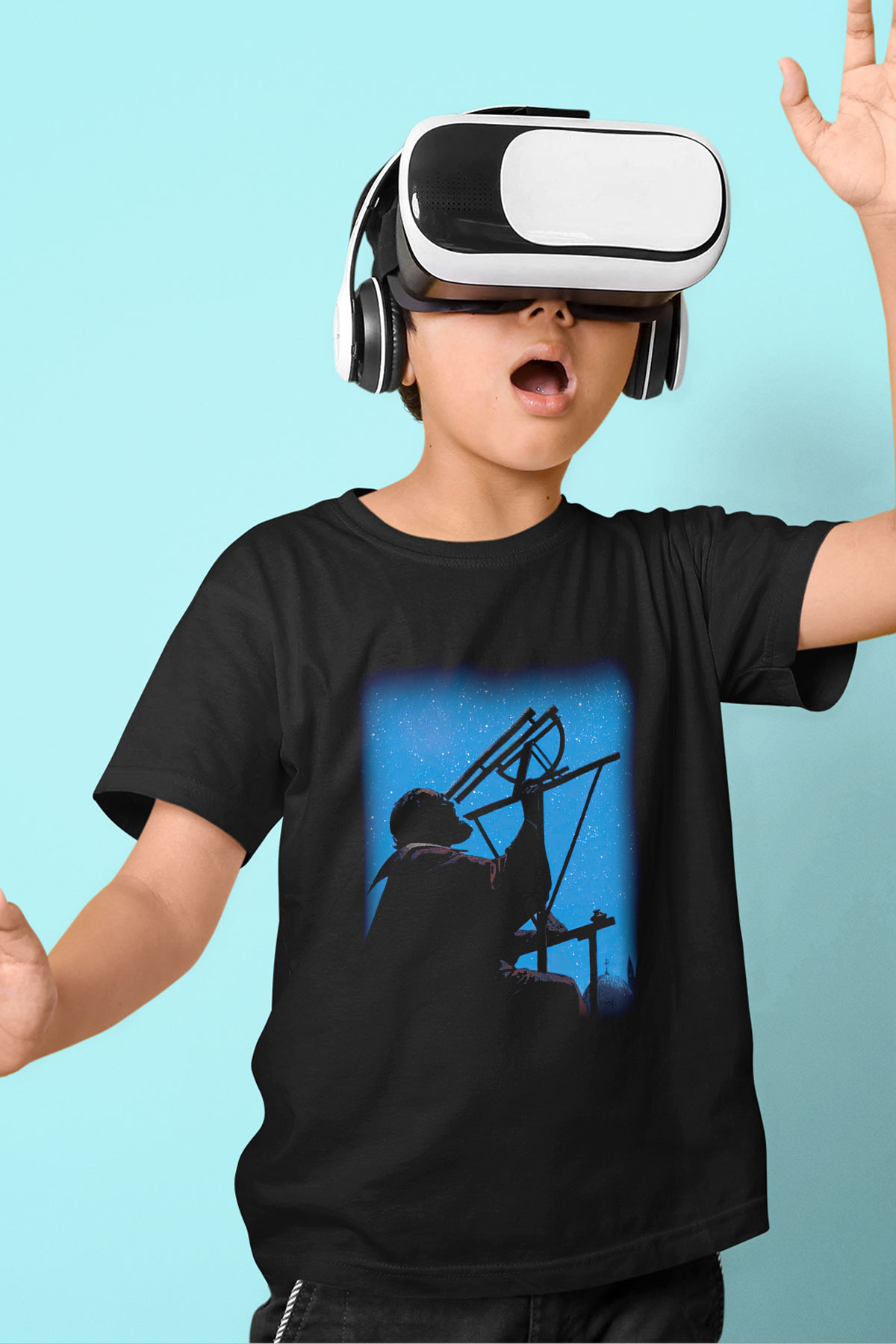 Astronom Baskılı Siyah Unisex Çocuk Tişört
